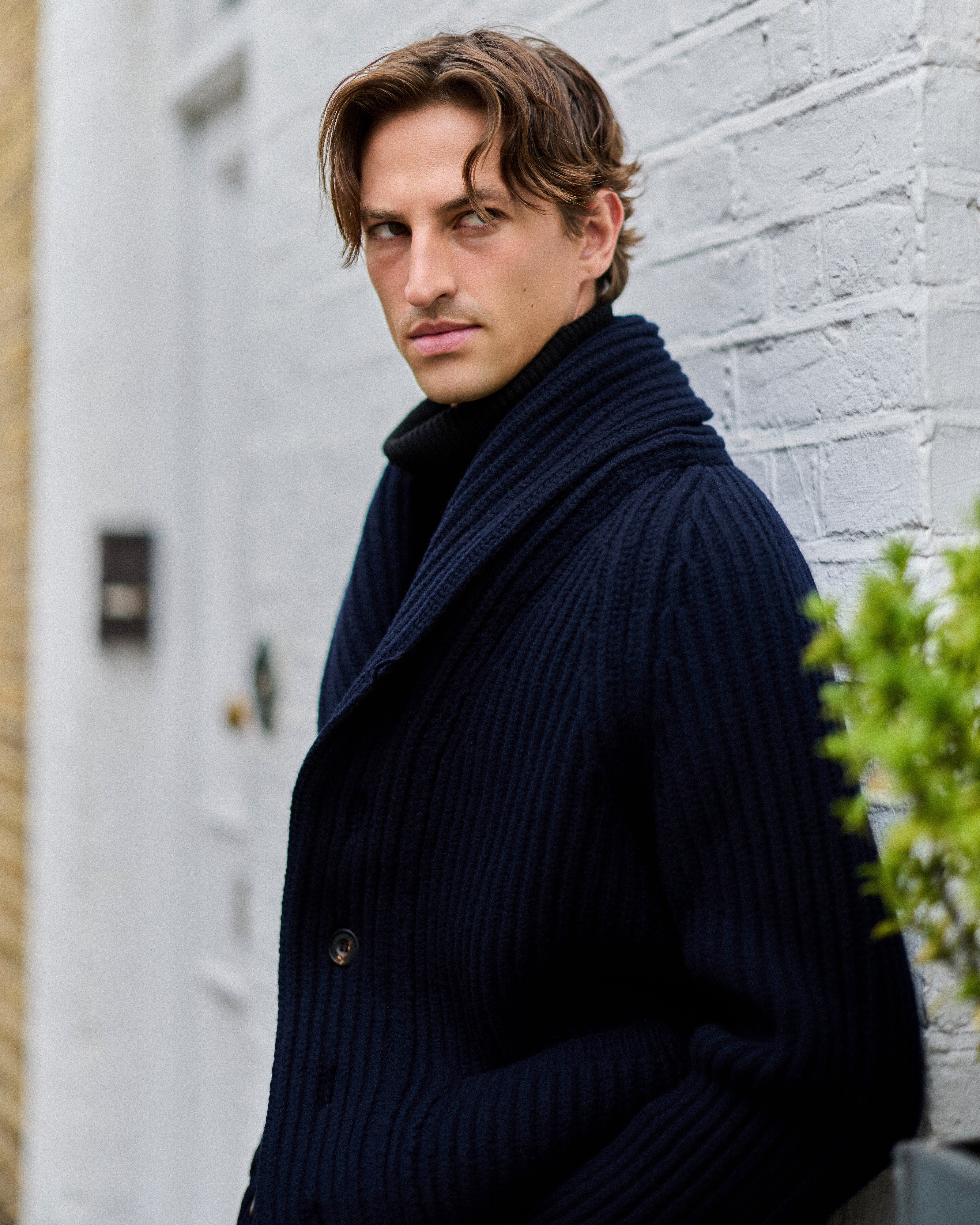 Superfine lambswool shawl collar cardigan in navy
