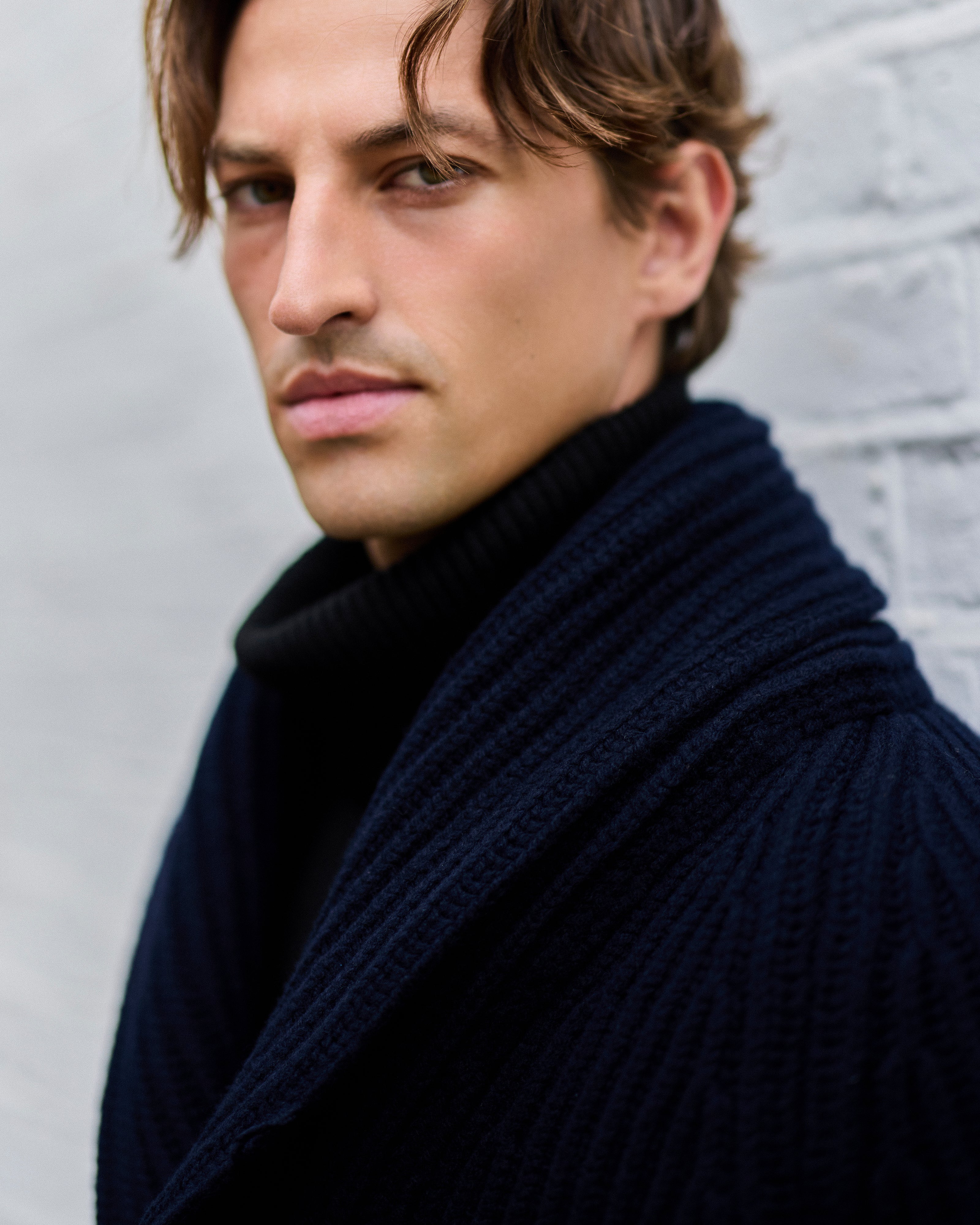 Superfine lambswool shawl collar cardigan in navy