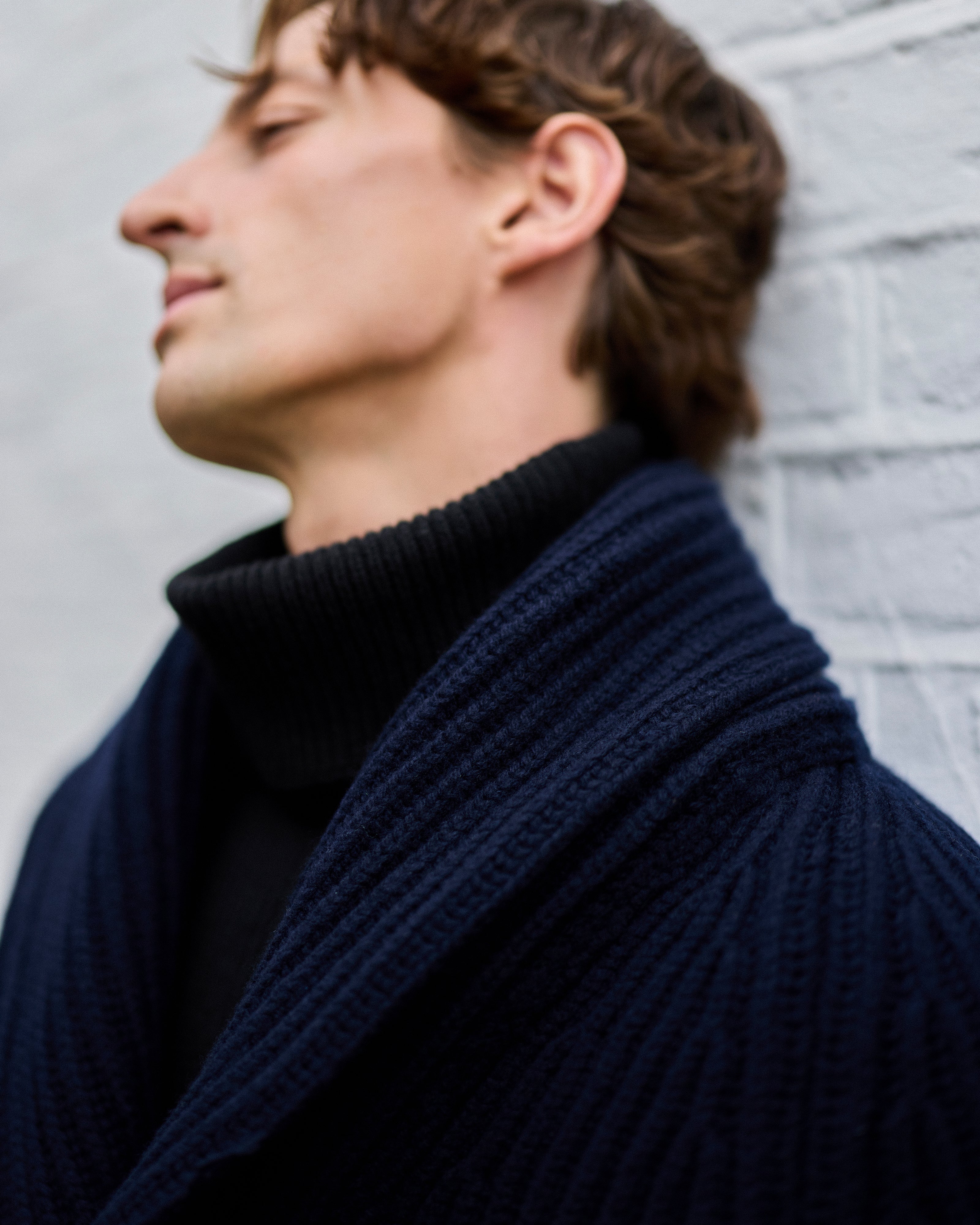 Superfine lambswool shawl collar cardigan in navy