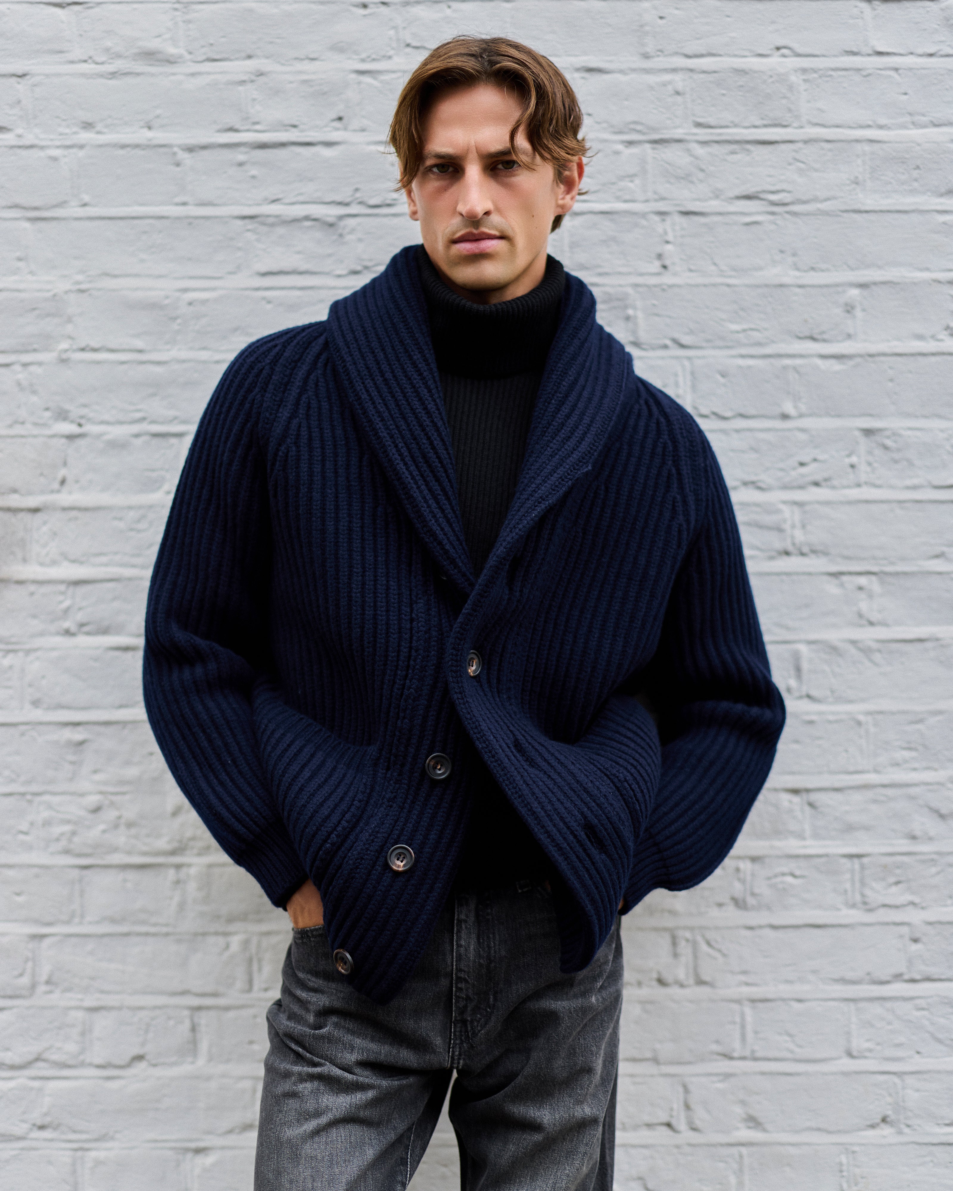 Superfine lambswool shawl collar cardigan in navy
