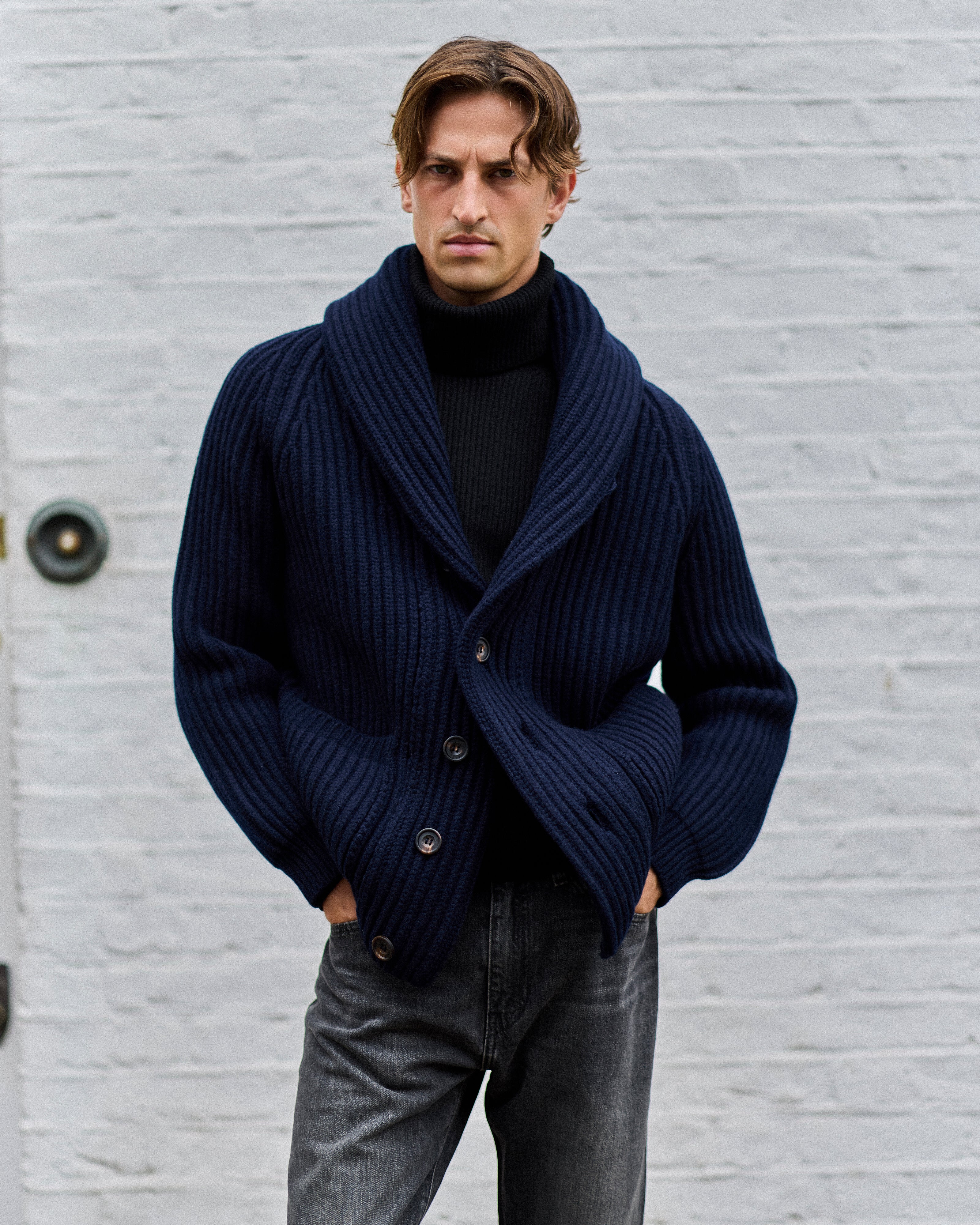 Superfine lambswool shawl collar cardigan in navy
