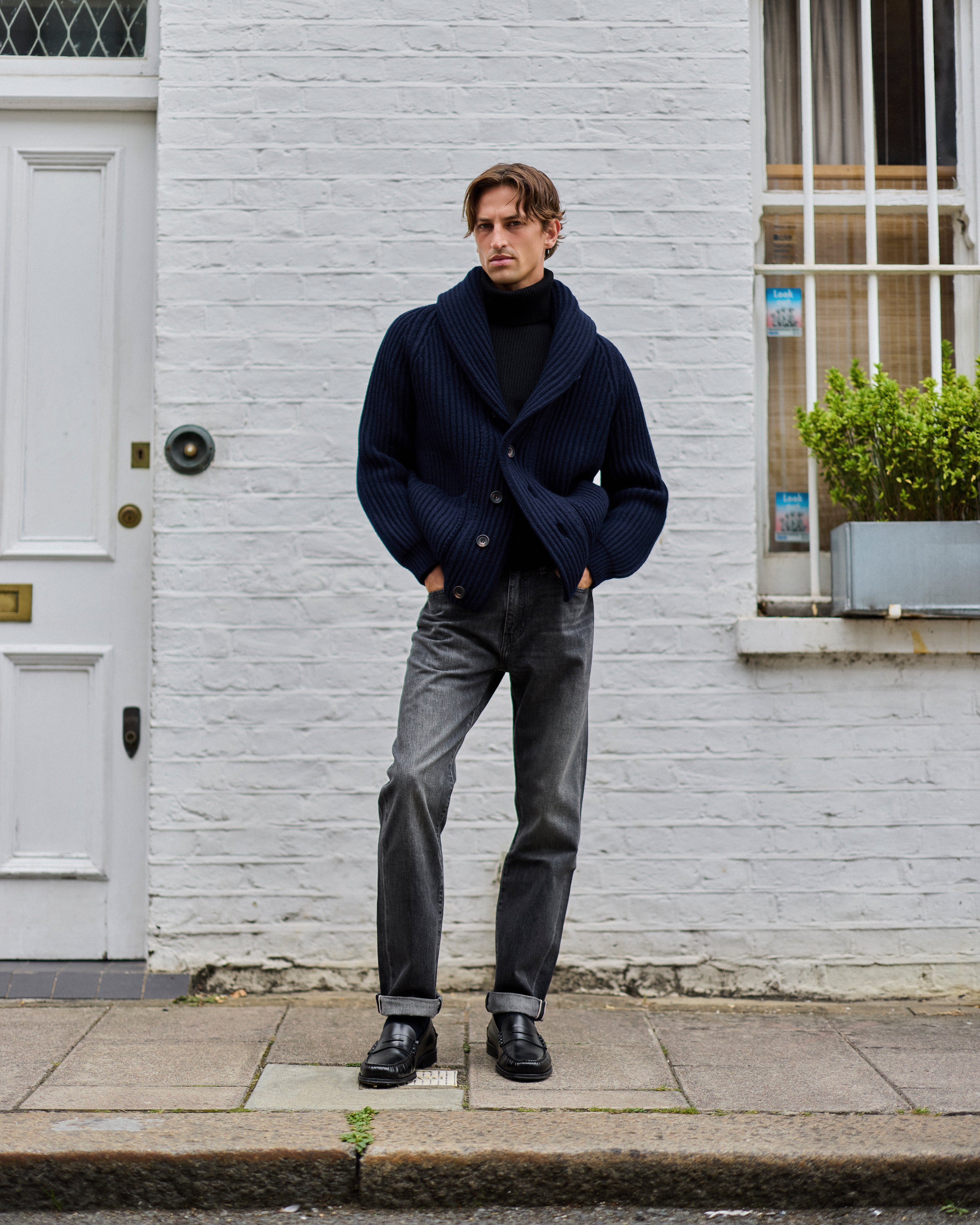 Superfine lambswool shawl collar cardigan in navy