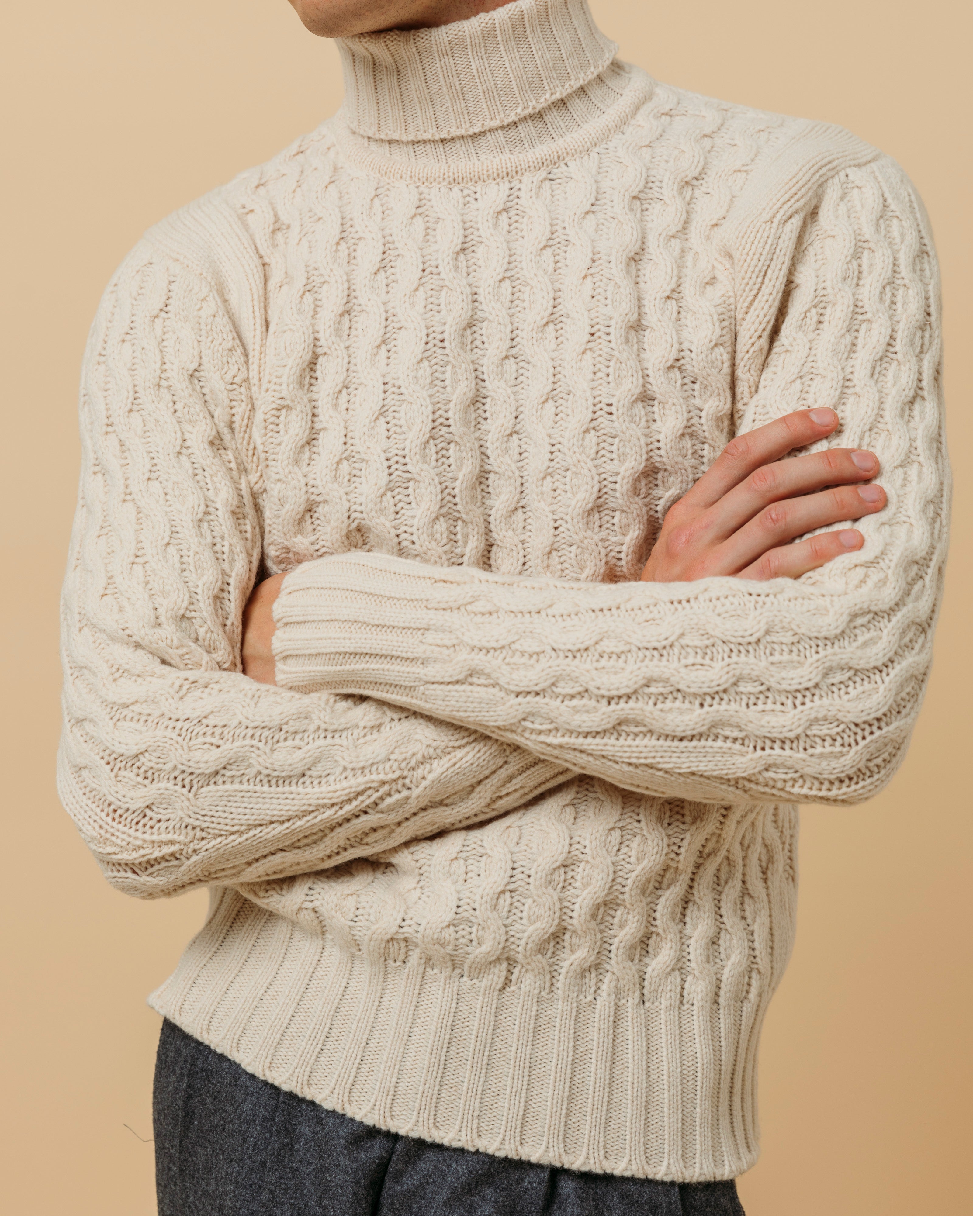 Superfine lambswool fisherman cable rollneck in ecru