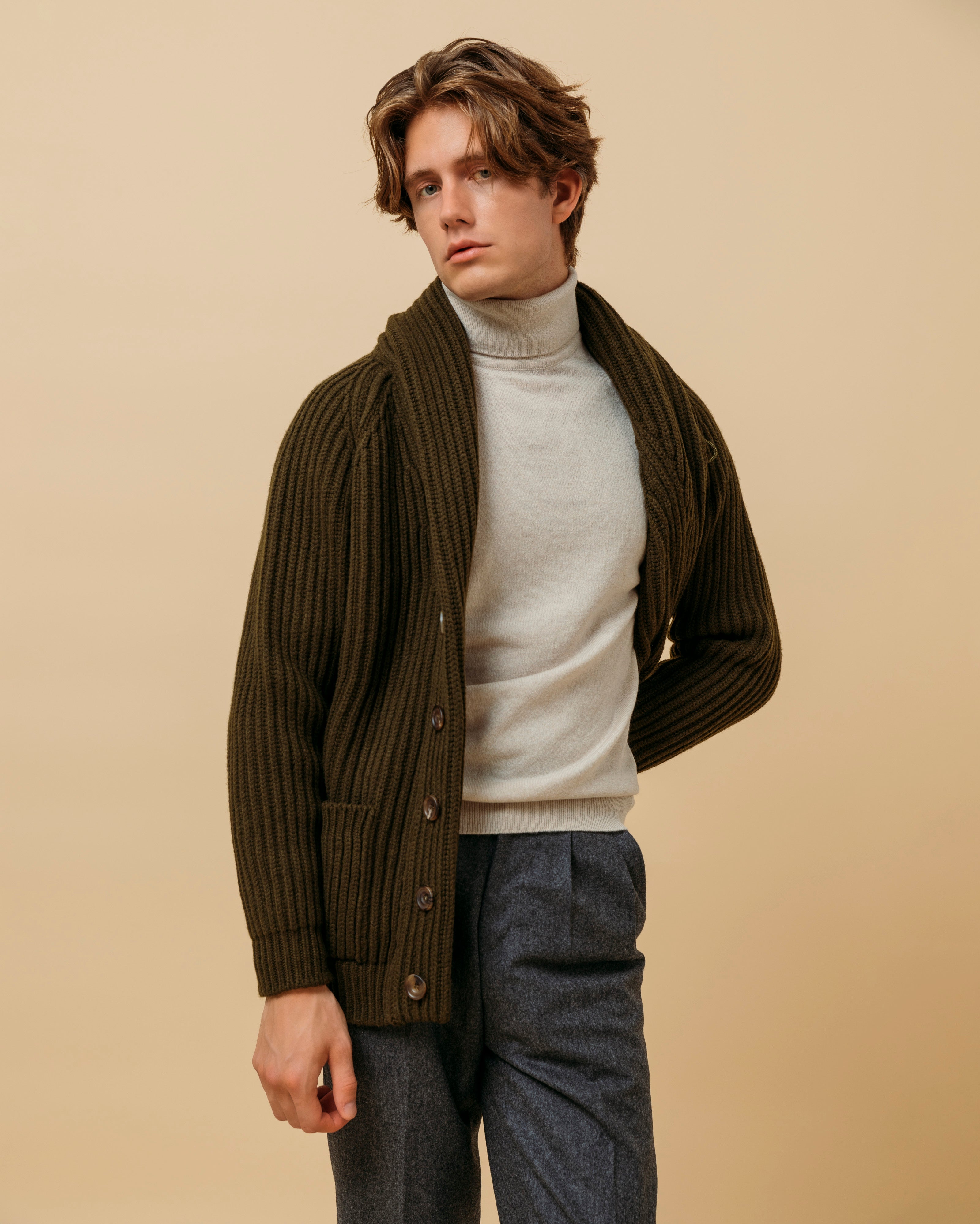 Superfine lambswool shawl collar cardigan in olive