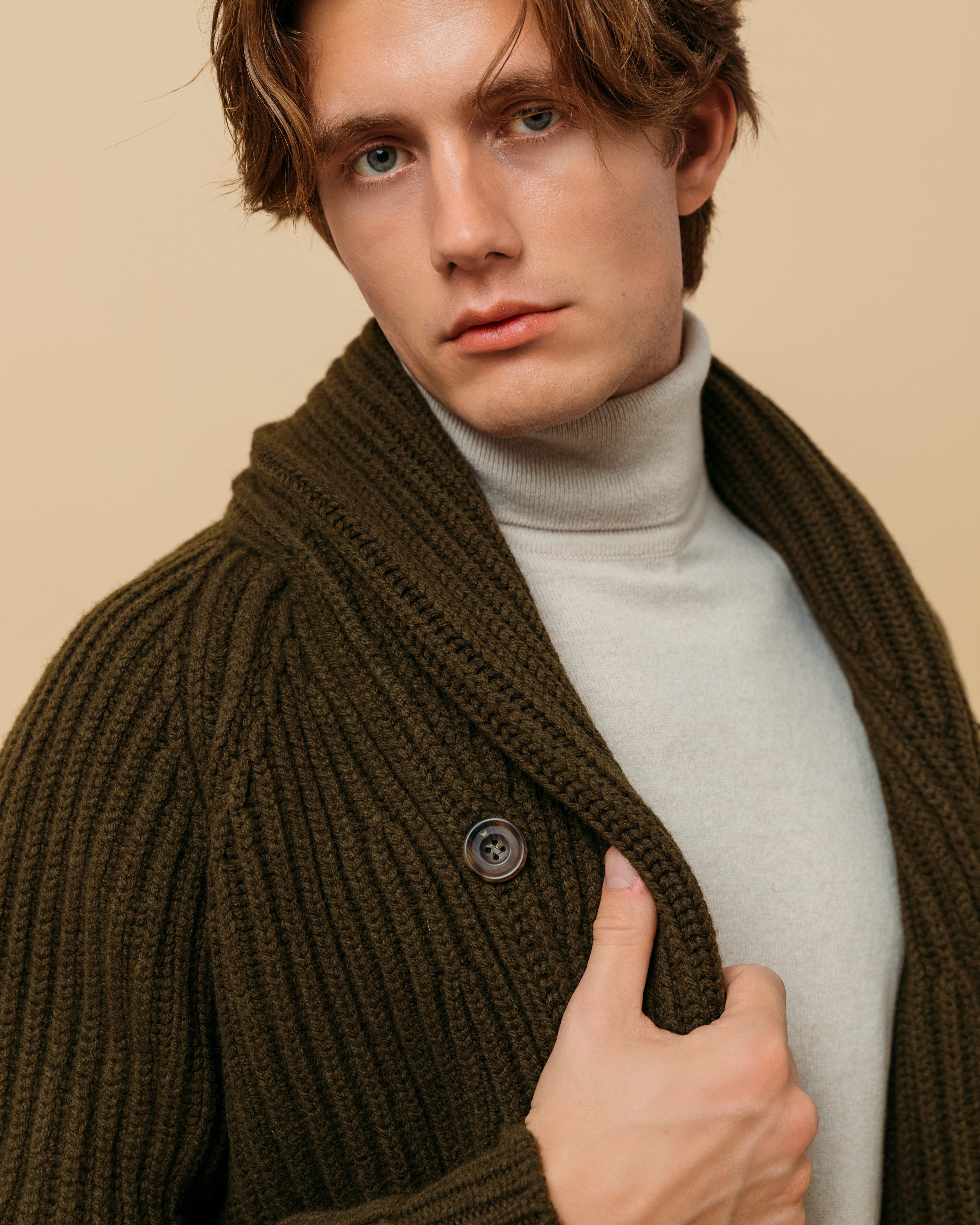 Superfine lambswool shawl collar cardigan in olive