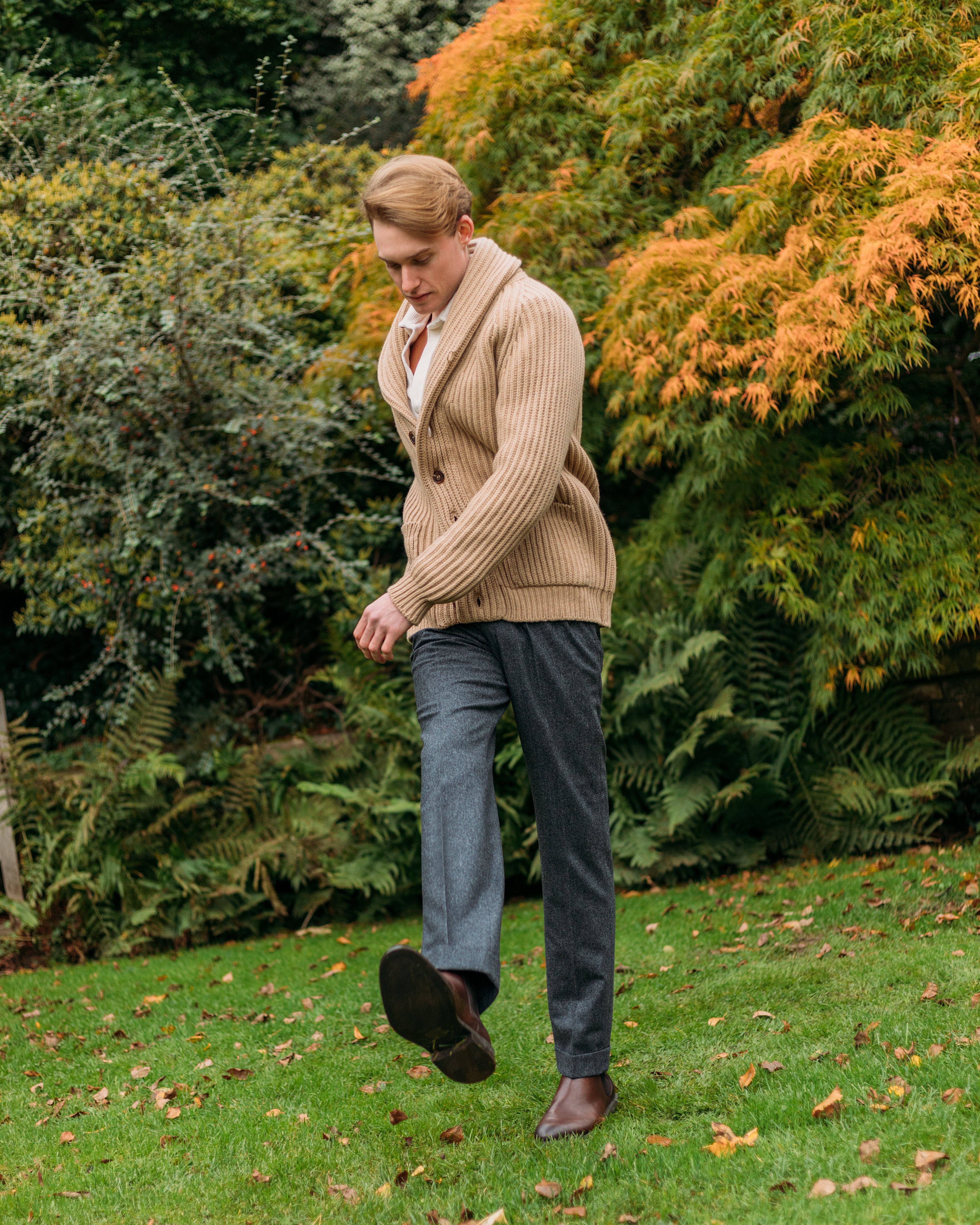 Superfine lambswool shawl collar cardigan in camel