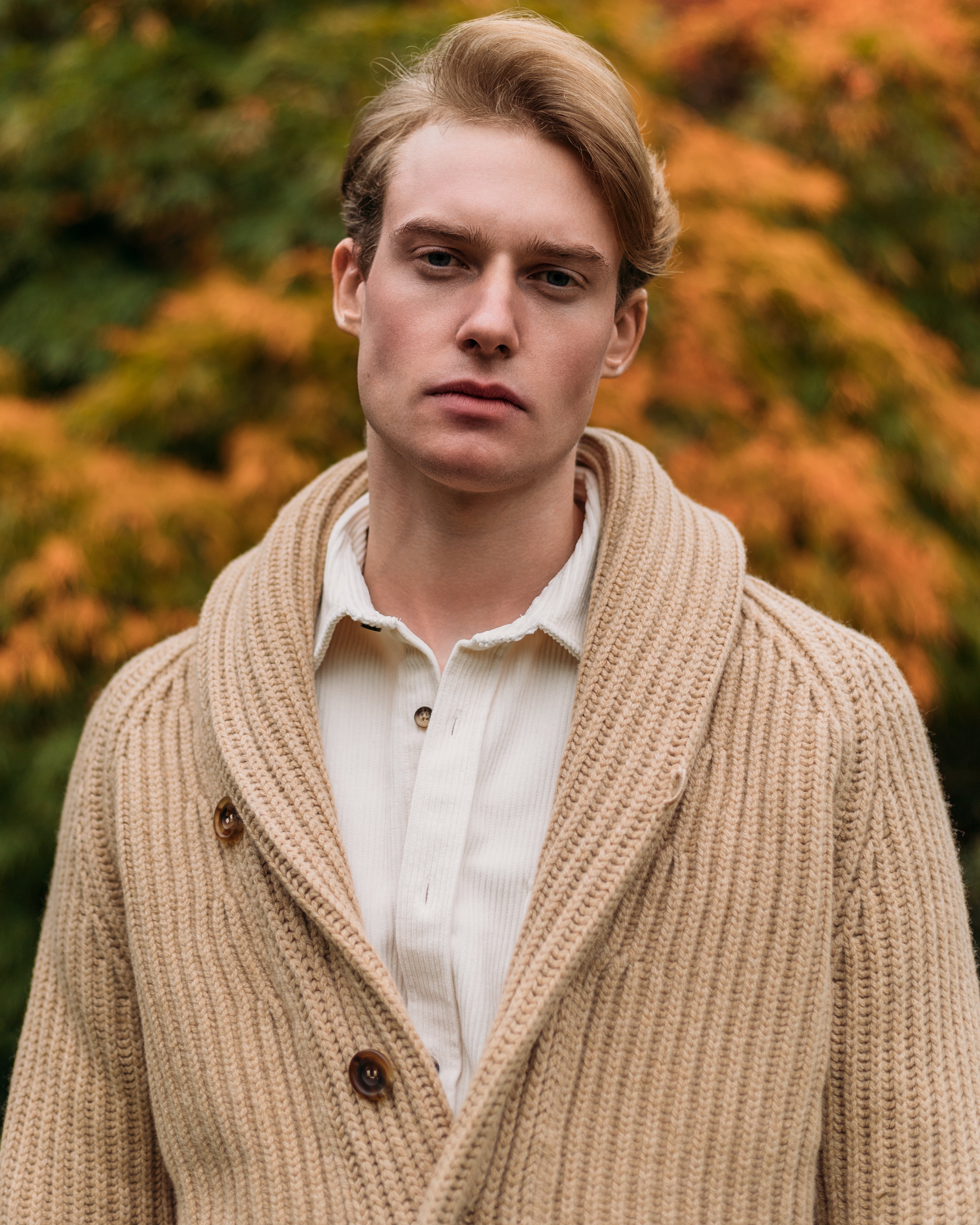 Superfine lambswool shawl collar cardigan in camel