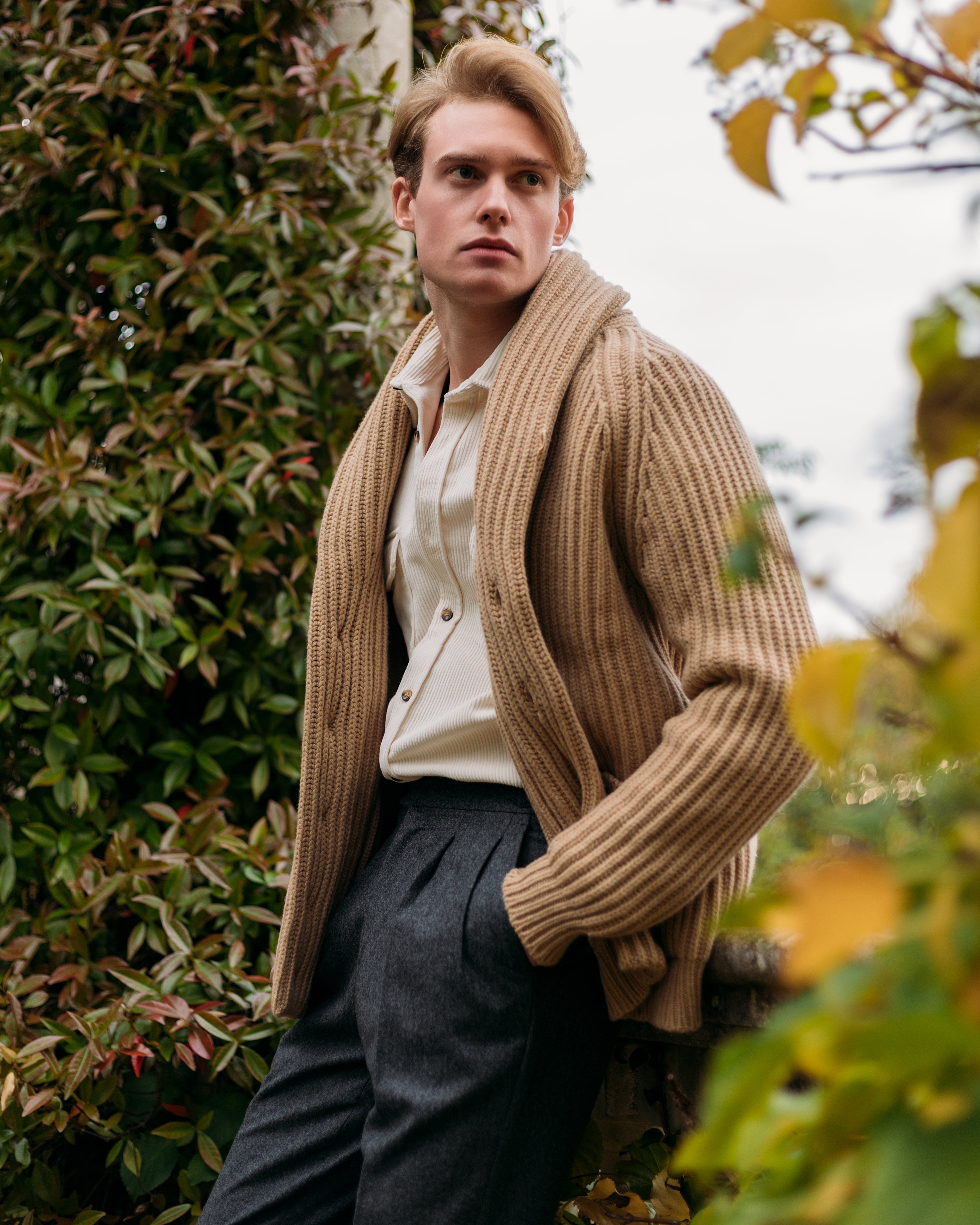 Superfine lambswool shawl collar cardigan in camel