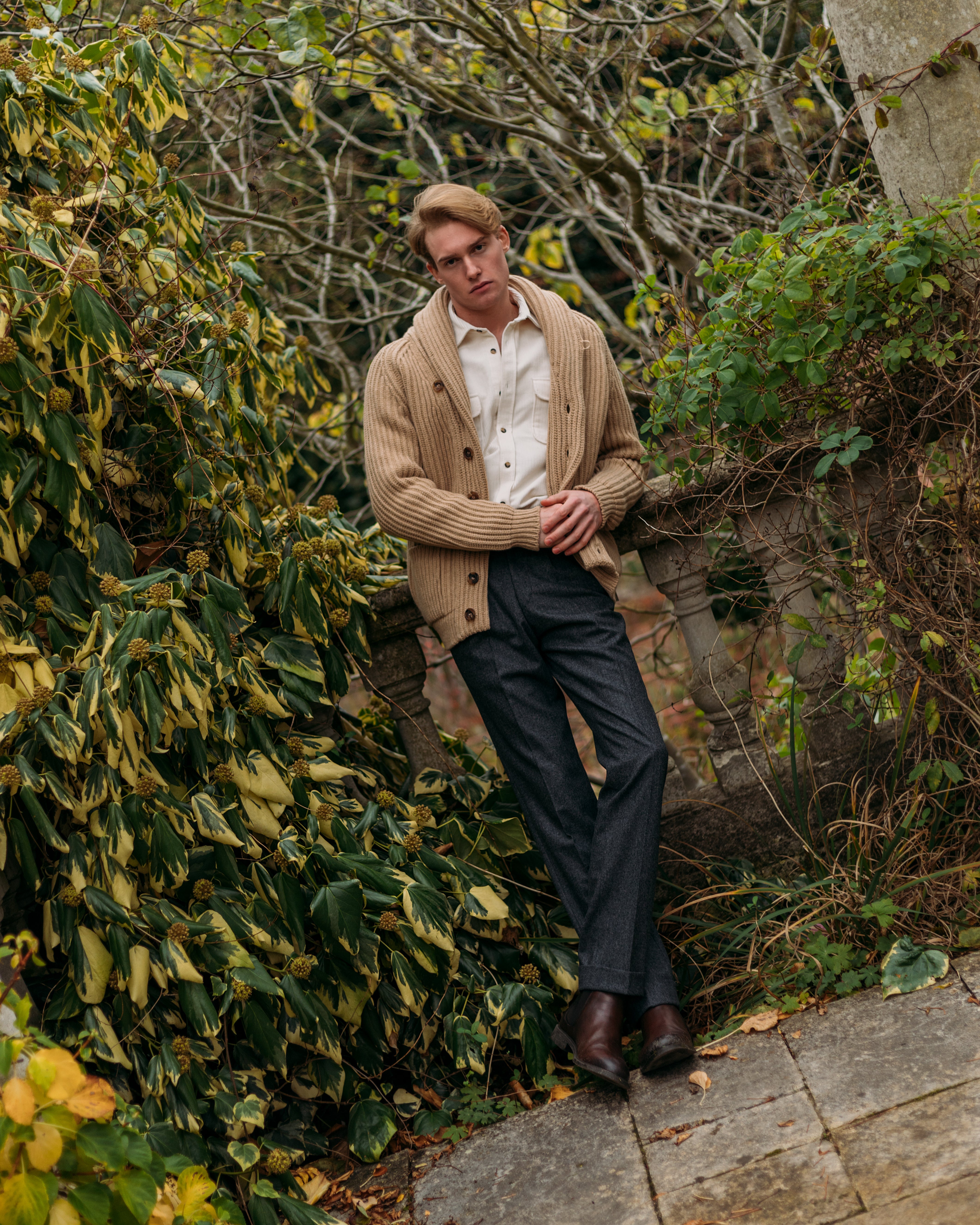 Superfine lambswool shawl collar cardigan in camel