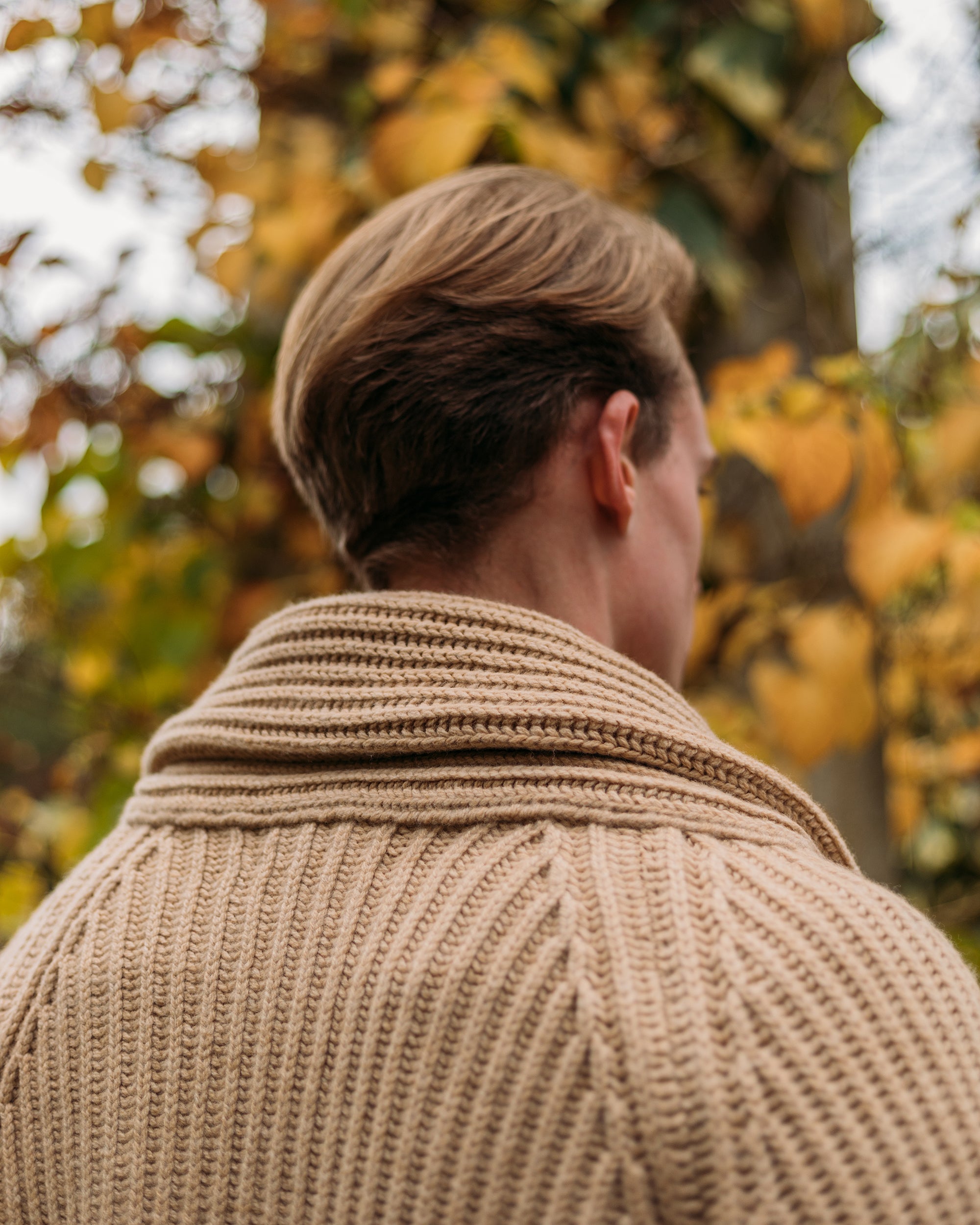 Superfine lambswool shawl collar cardigan in camel