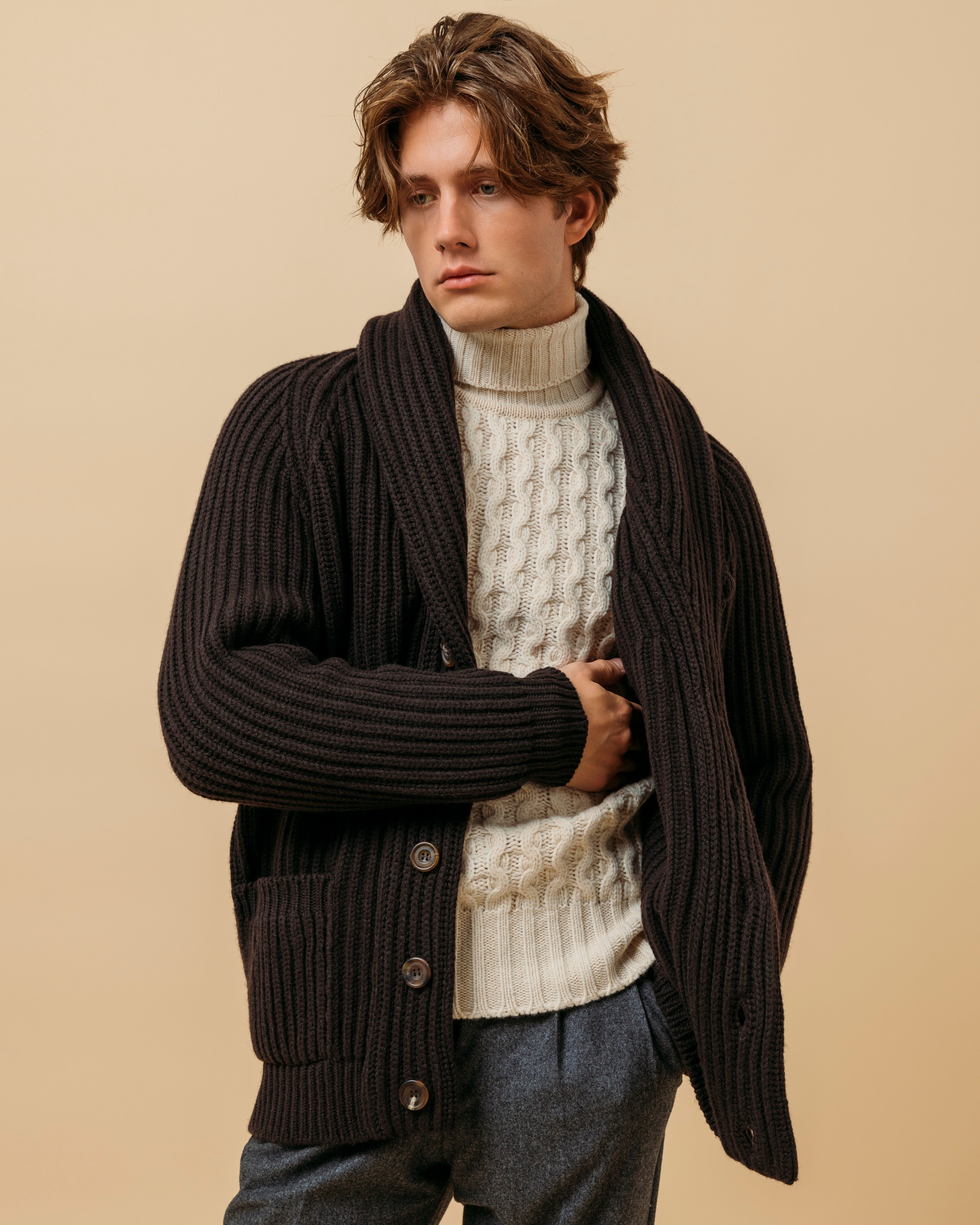 Superfine lambswool fisherman cable rollneck in ecru