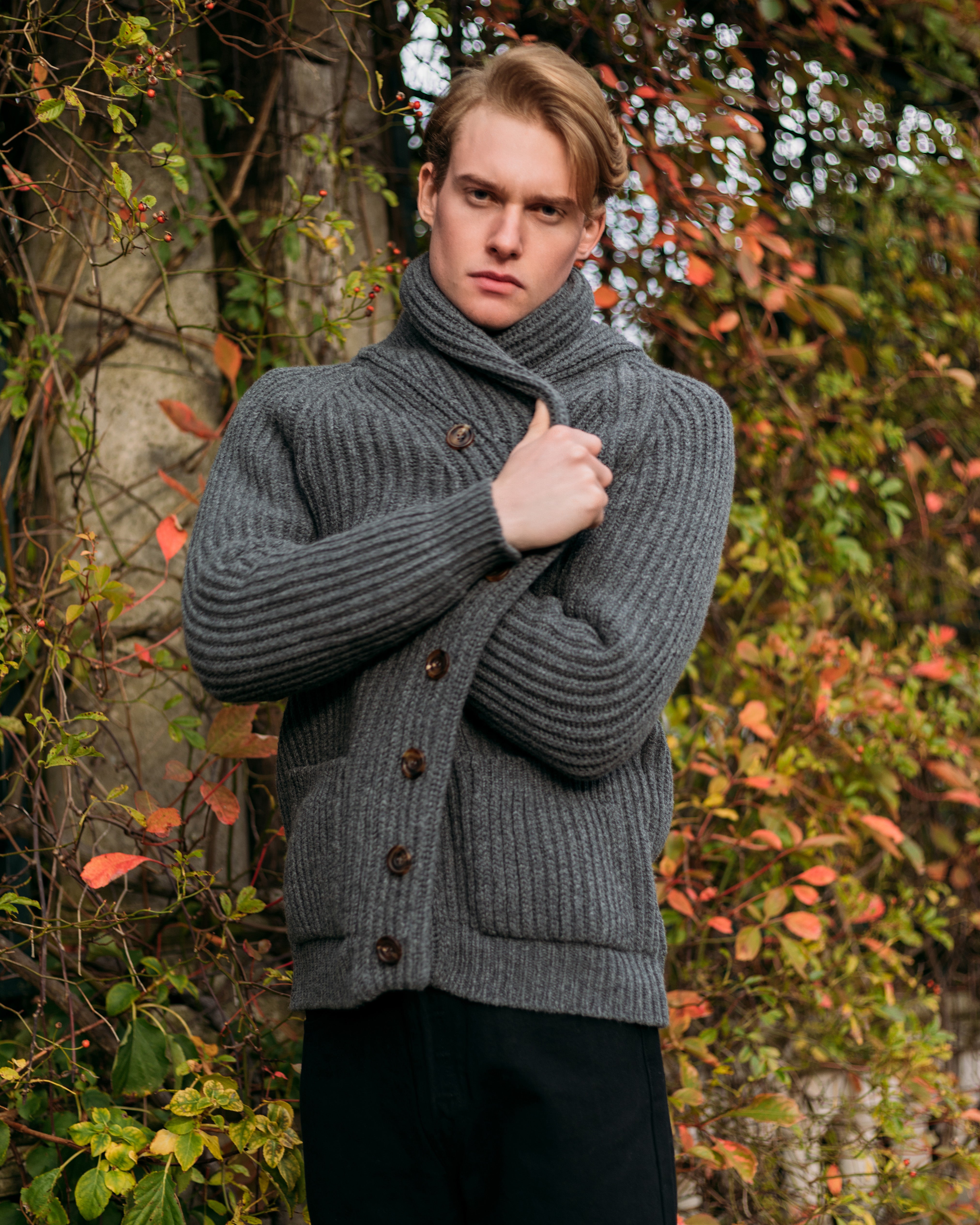 Superfine lambswool shawl collar cardigan in grey mélange