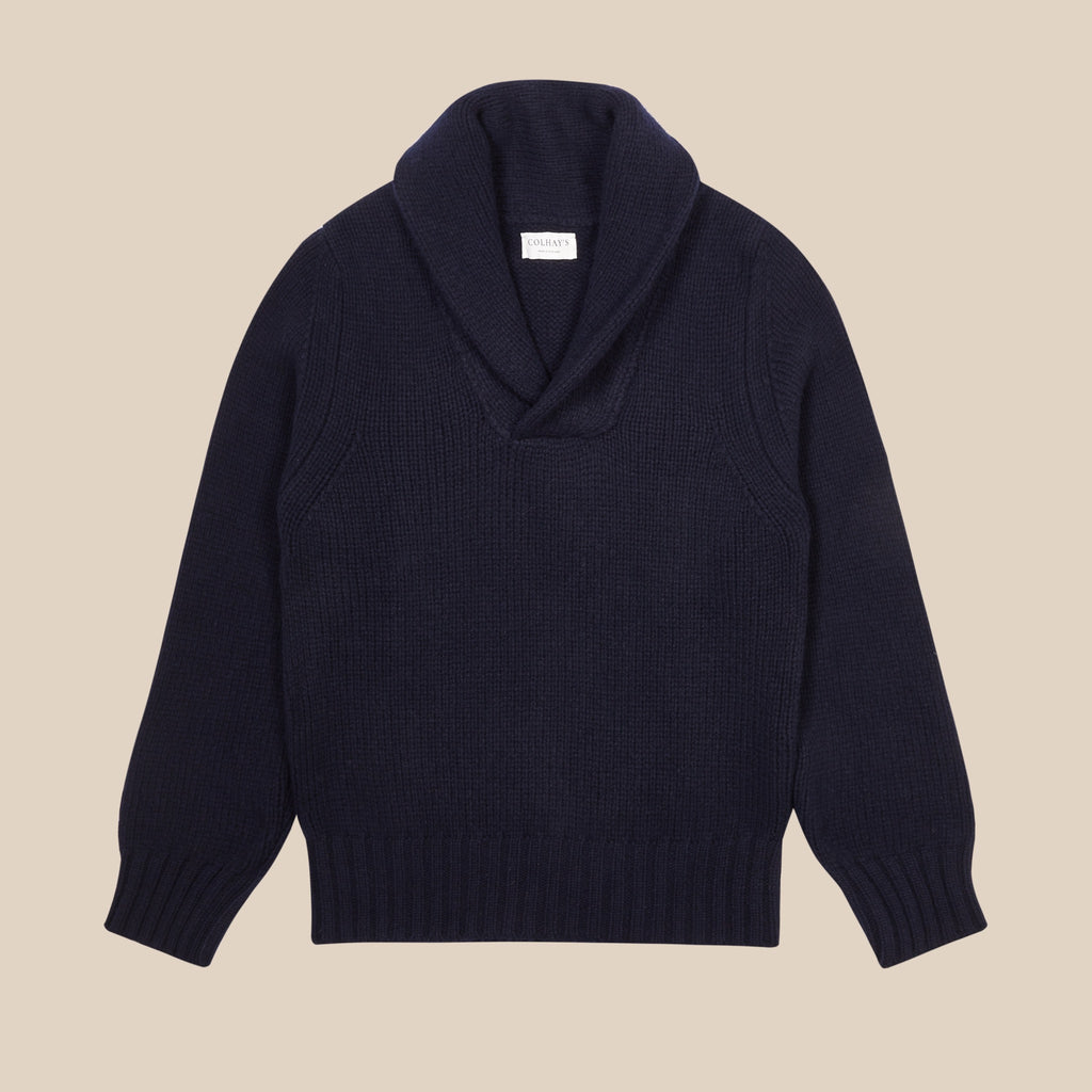 Superfine lambswool rugby shawl sweater in navy