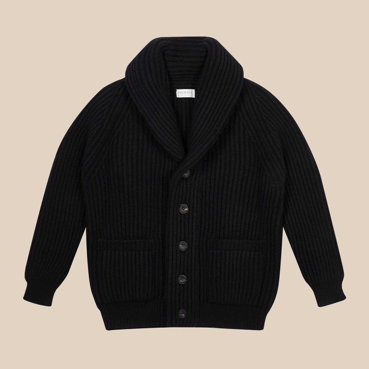 Shawl Collar Cardigan in Black Superfine Lambswool