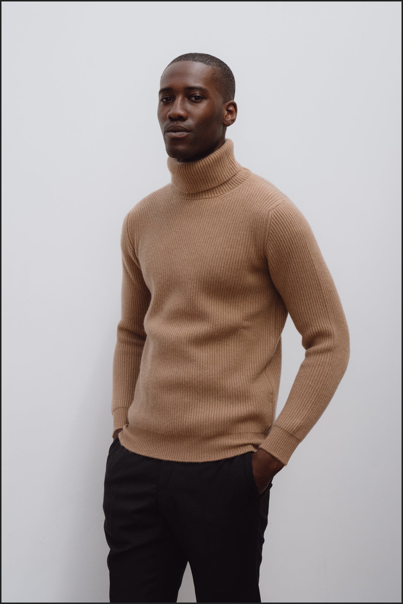 Cashmere ribbed submariner rollneck in camel - Colhay's