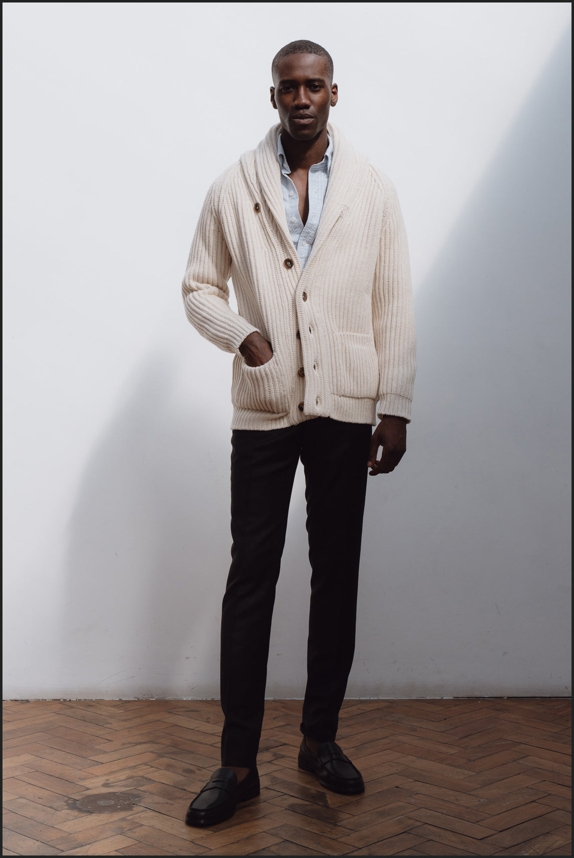 Superfine lambswool shawl collar cardigan in ecru - Colhay's