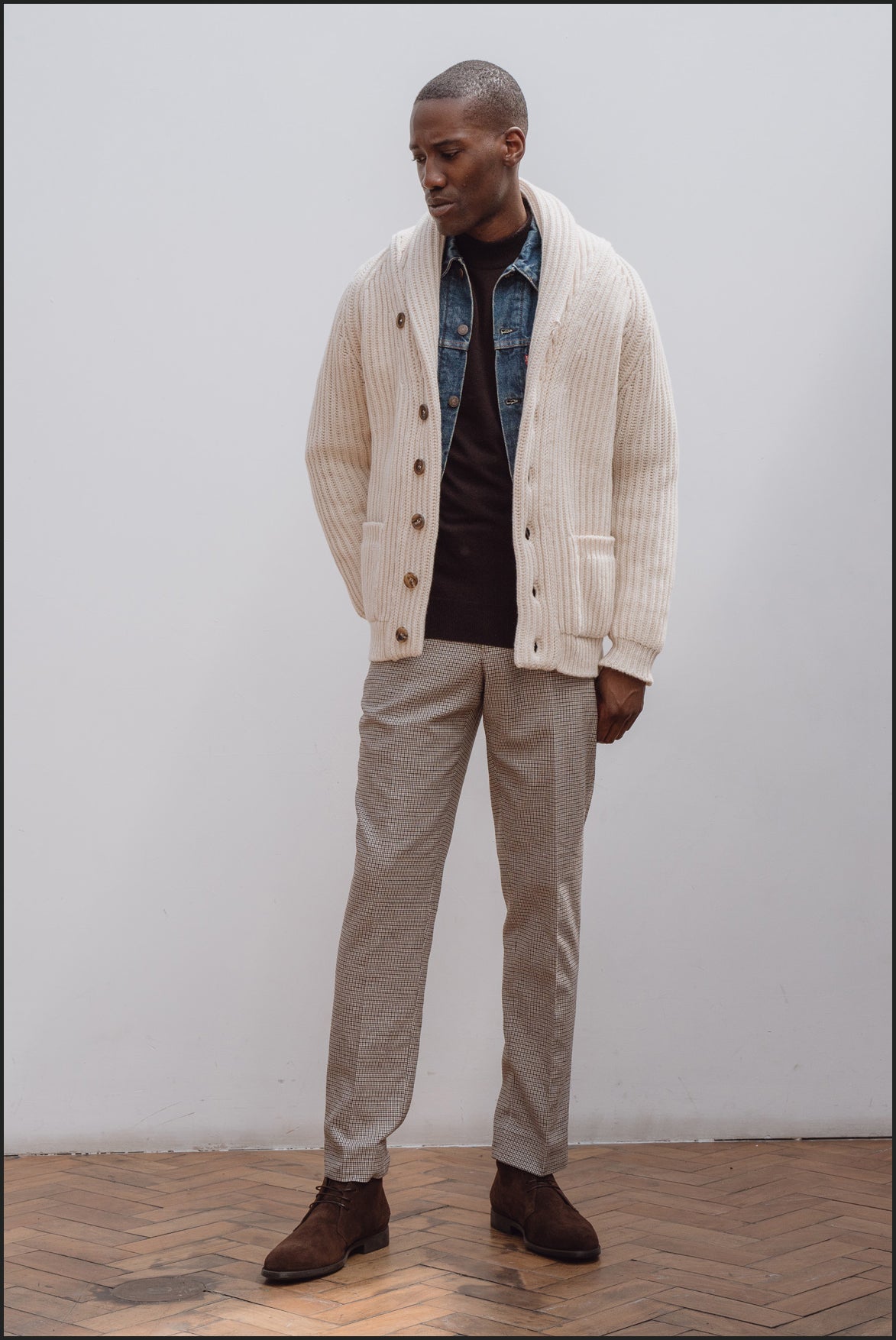 Superfine lambswool shawl collar cardigan in ecru - Colhay's