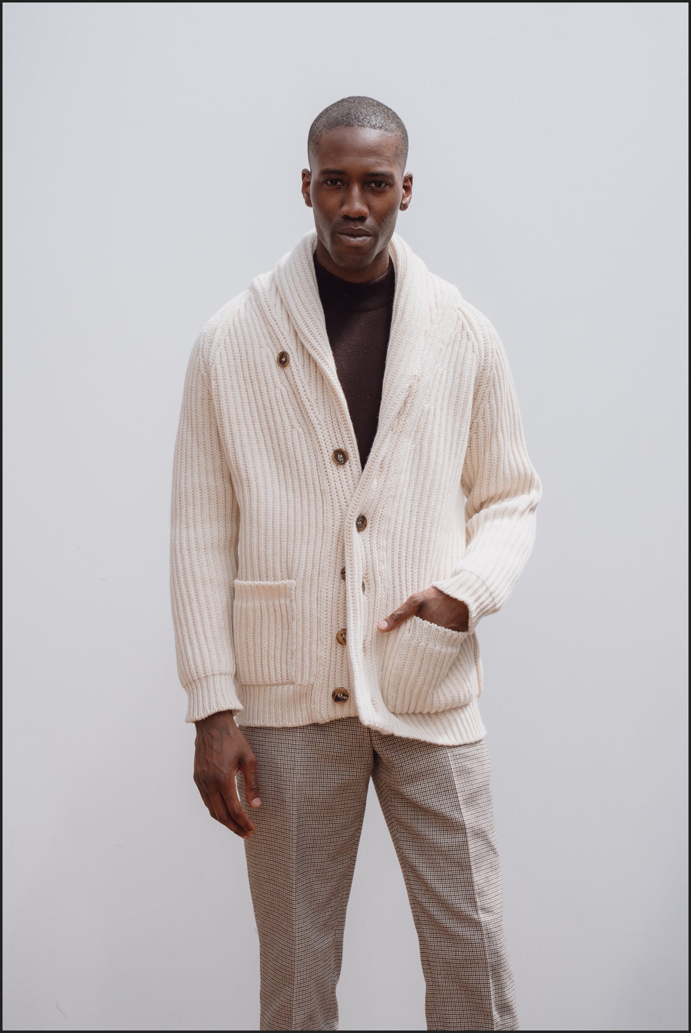 Superfine lambswool shawl collar cardigan in ecru - Colhay's