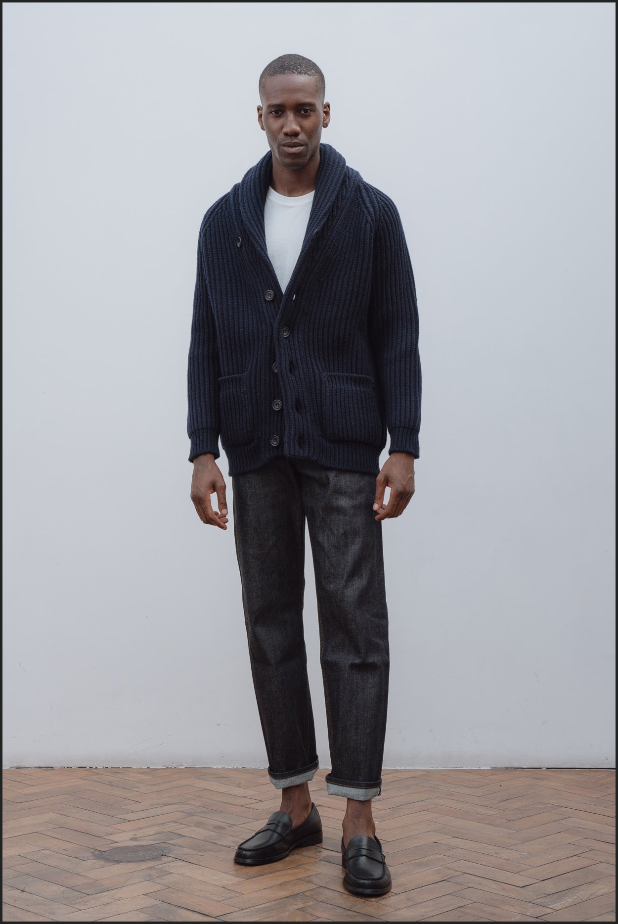 Superfine lambswool shawl collar cardigan in navy - Colhay's
