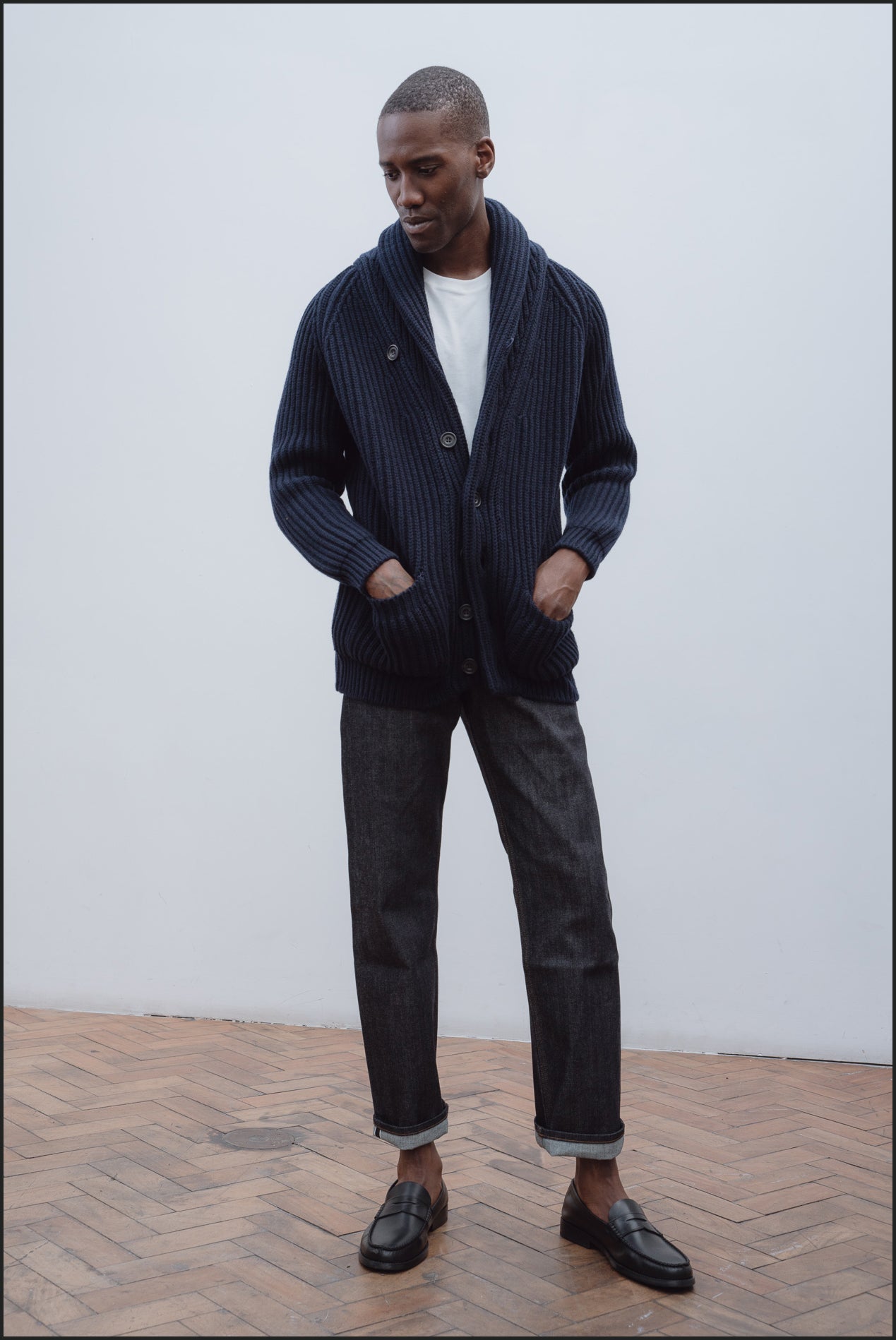 Superfine lambswool shawl collar cardigan in navy - Colhay's