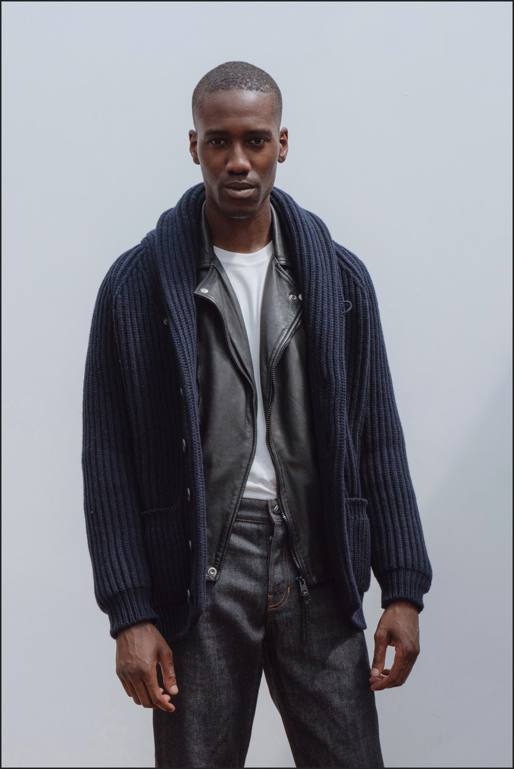 Superfine lambswool shawl collar cardigan in navy - Colhay's