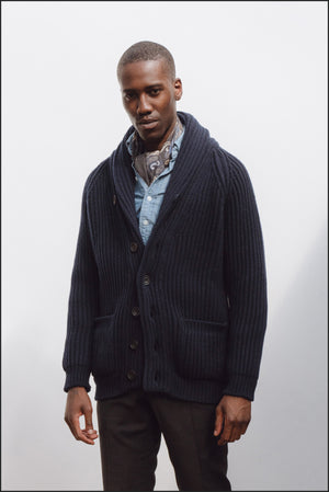 Superfine lambswool shawl collar cardigan in navy - Colhay's
