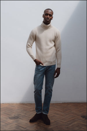 Cashmere ribbed submariner rollneck in ecru - Colhay's