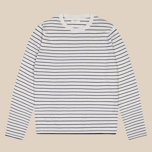 Cashmere cotton breton stripe sweater in ecru and navy