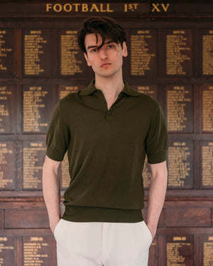 Cashmere silk tennis polo in olive