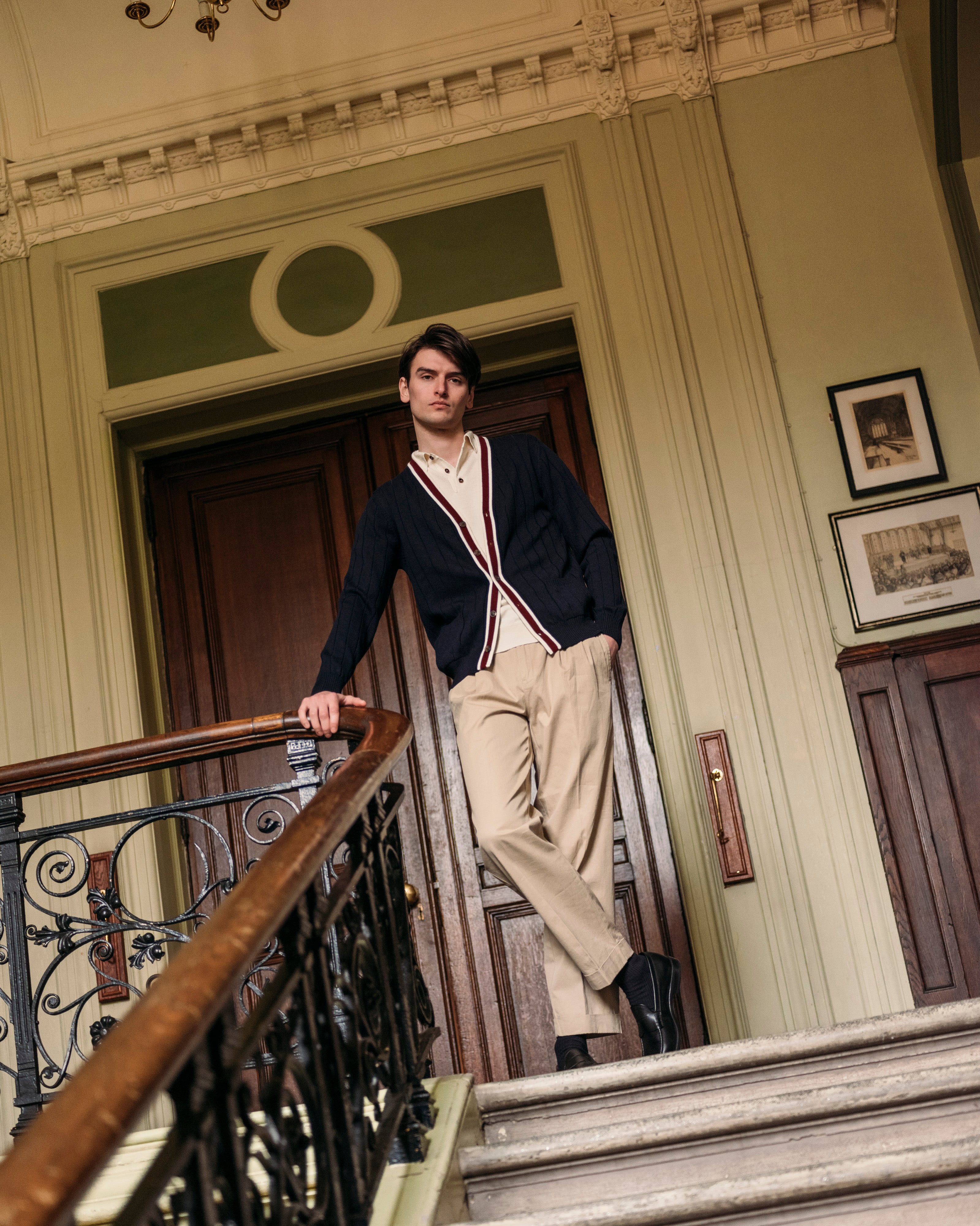 Merino club cardigan in navy cream and burgundy