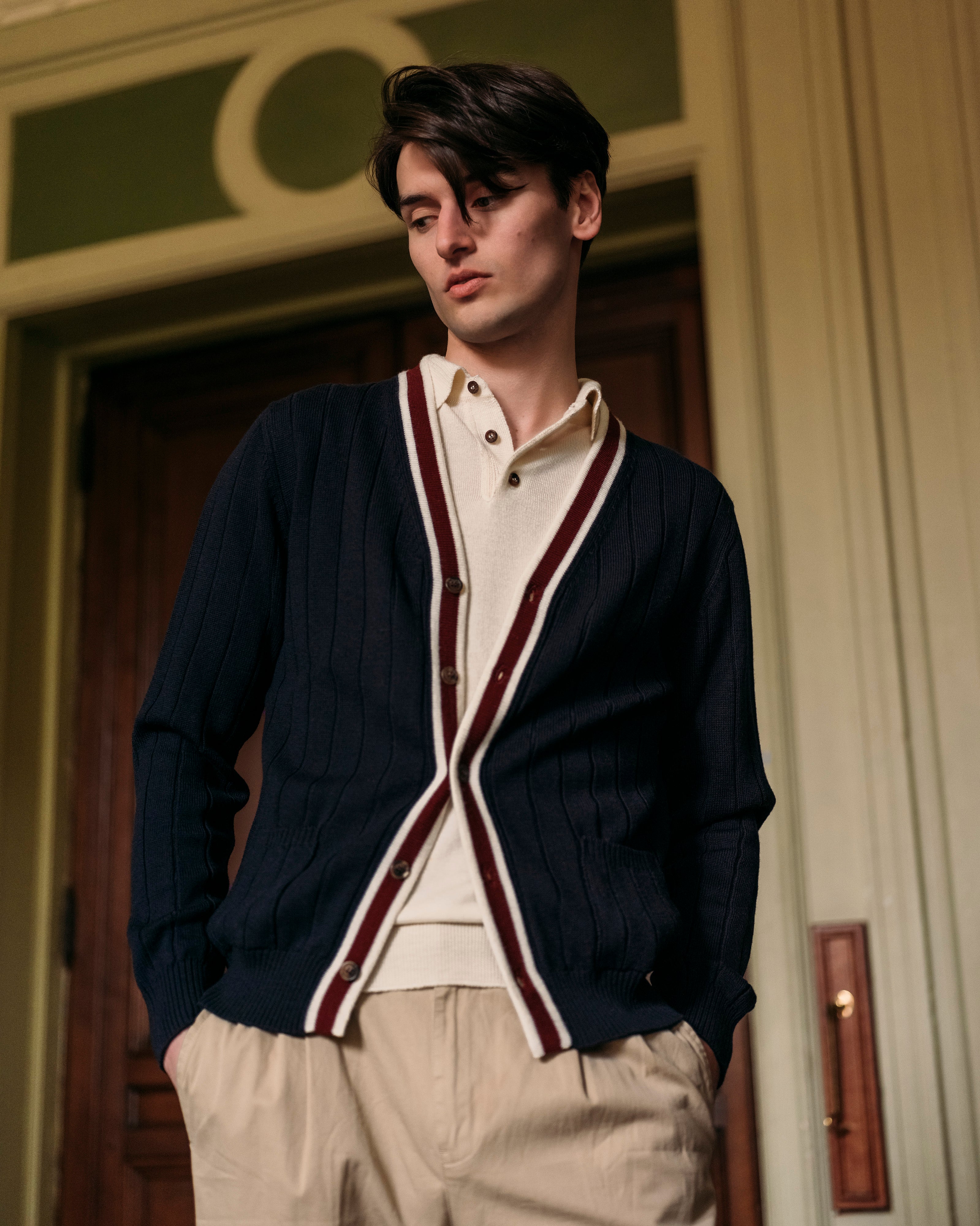 Merino club cardigan in navy cream and burgundy