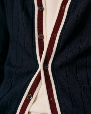 Merino club cardigan in navy cream and burgundy