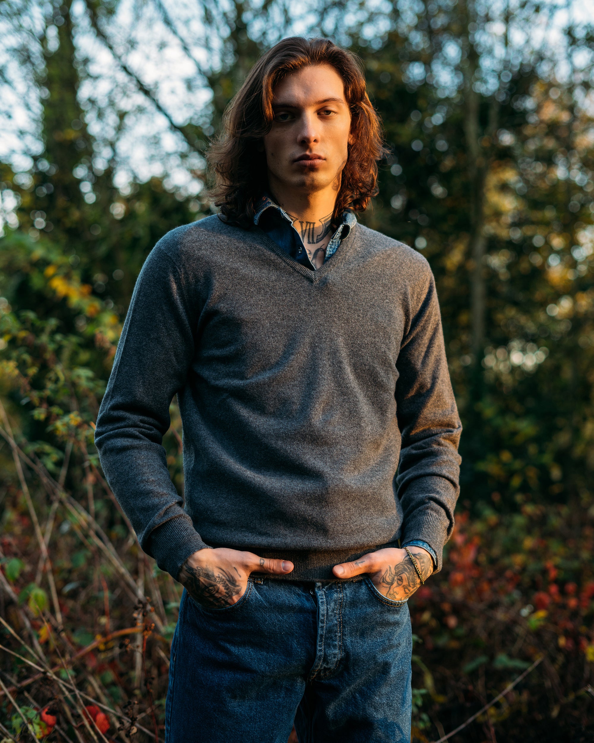 Cashmere v neck in grey mélange - Colhay's