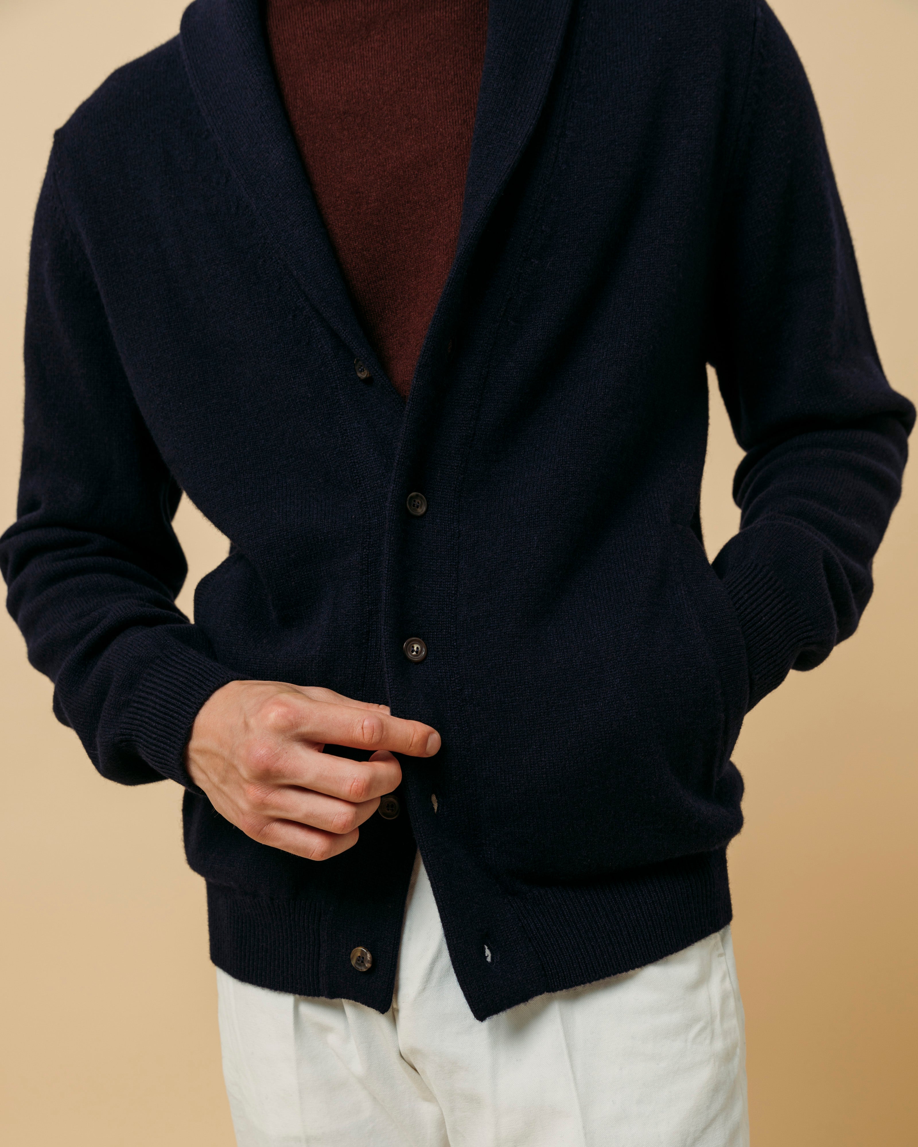 Cashmere painter's shawl collar cardigan in navy