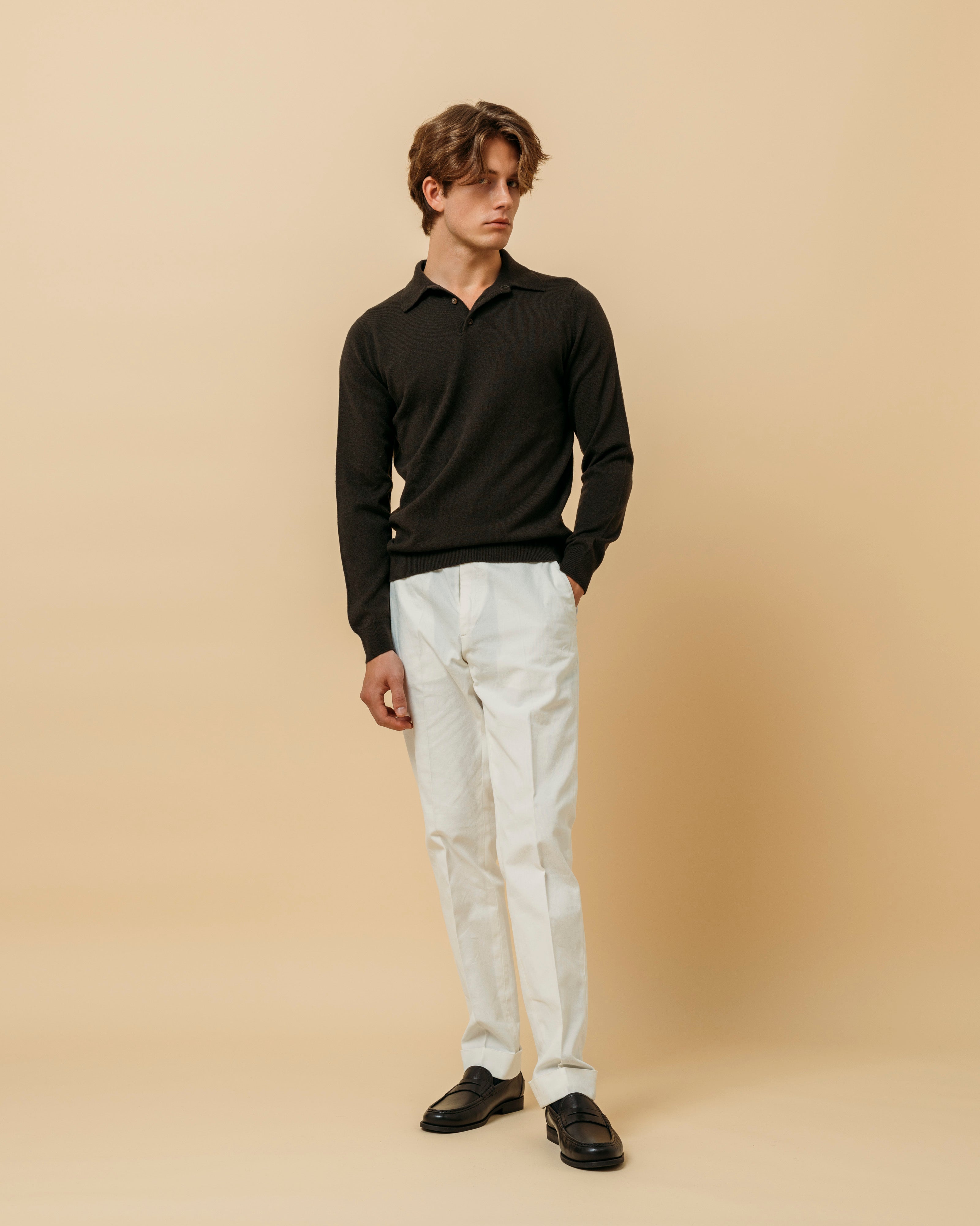 Cashmere polo shirt in dark olive