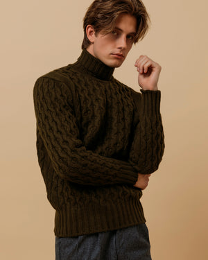Superfine lambswool fisherman cable rollneck in olive