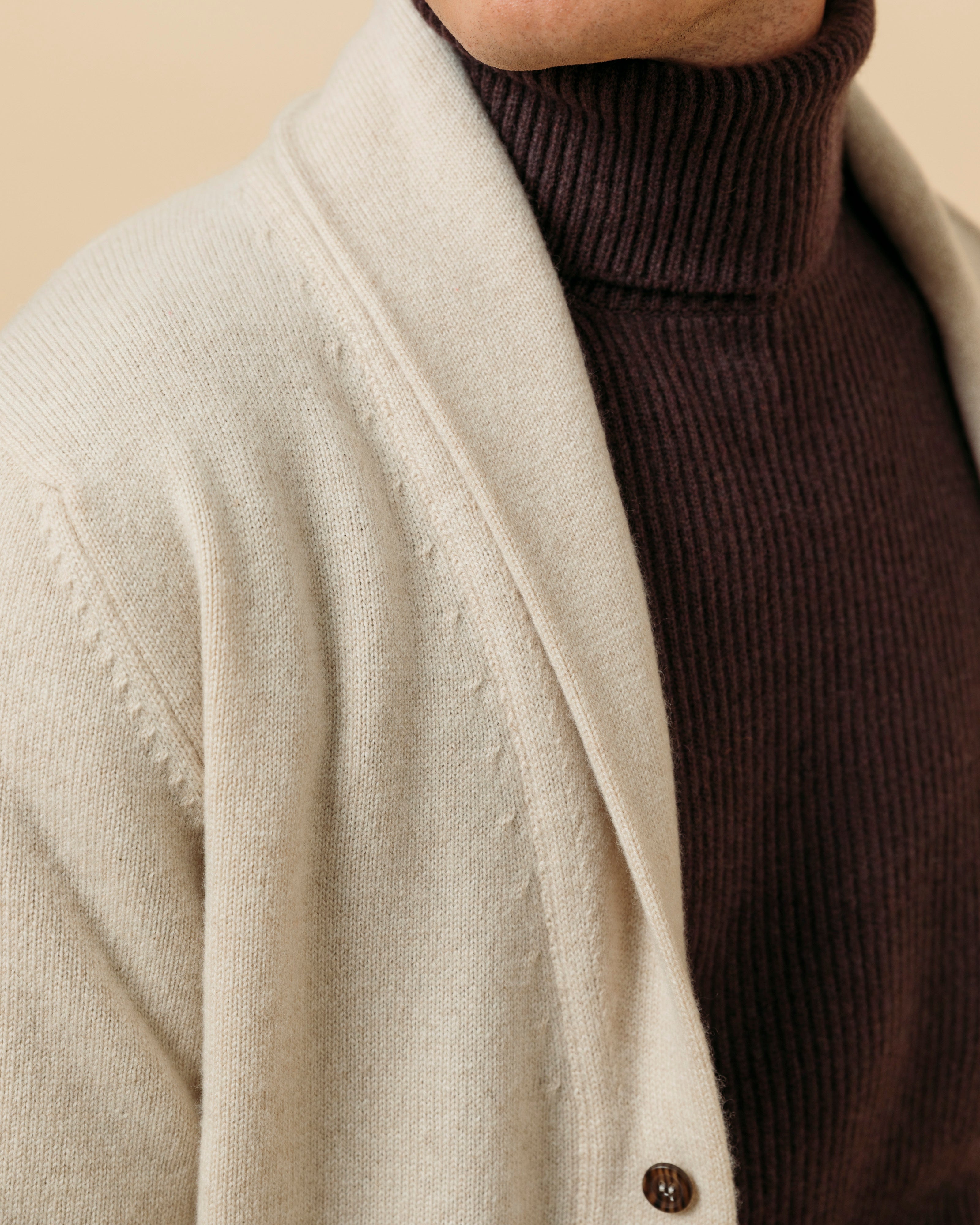 Cashmere painter's shawl collar cardigan in ecru