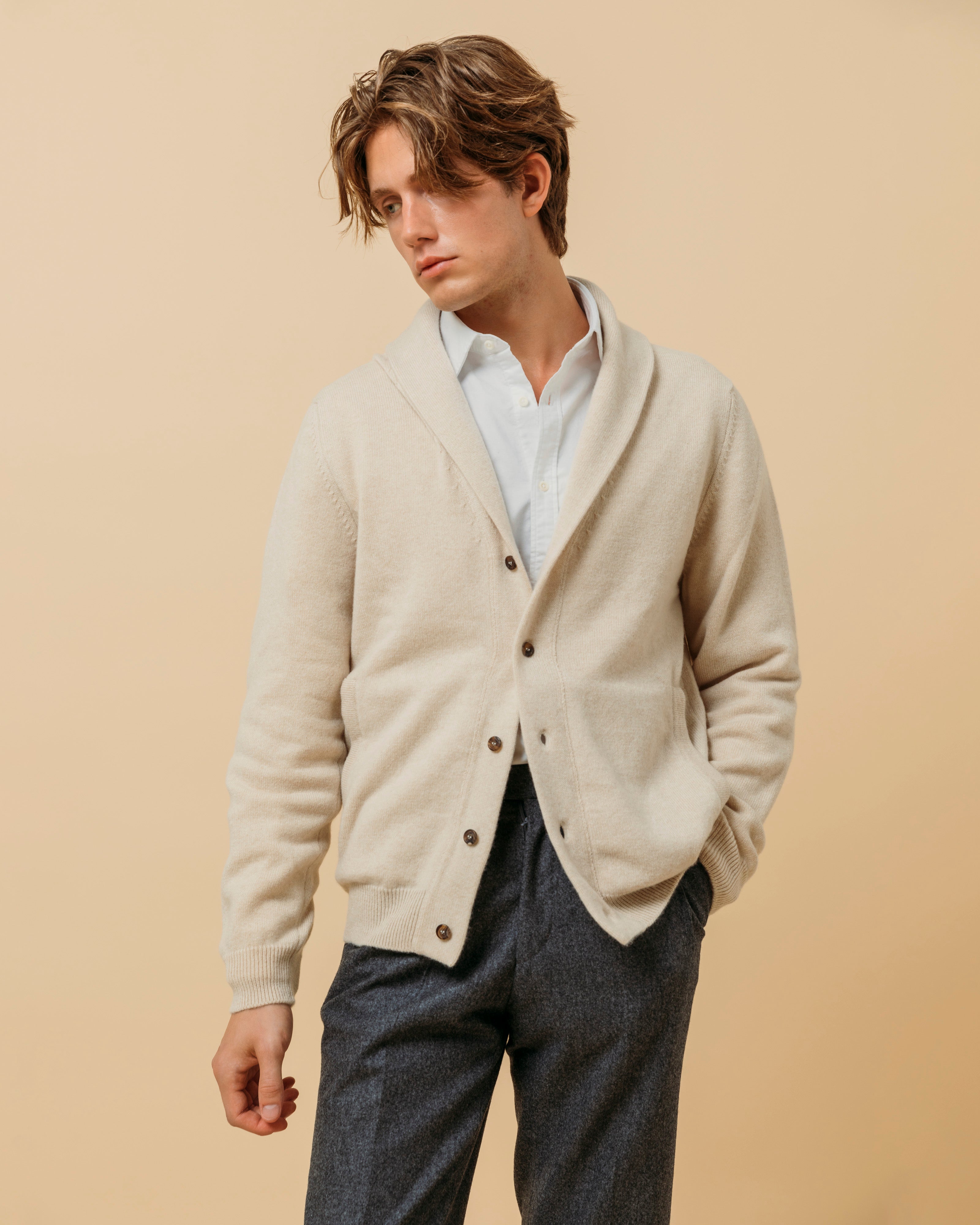 Cashmere Painter's Shawl Collar Cardigan in Ecru – Colhay's