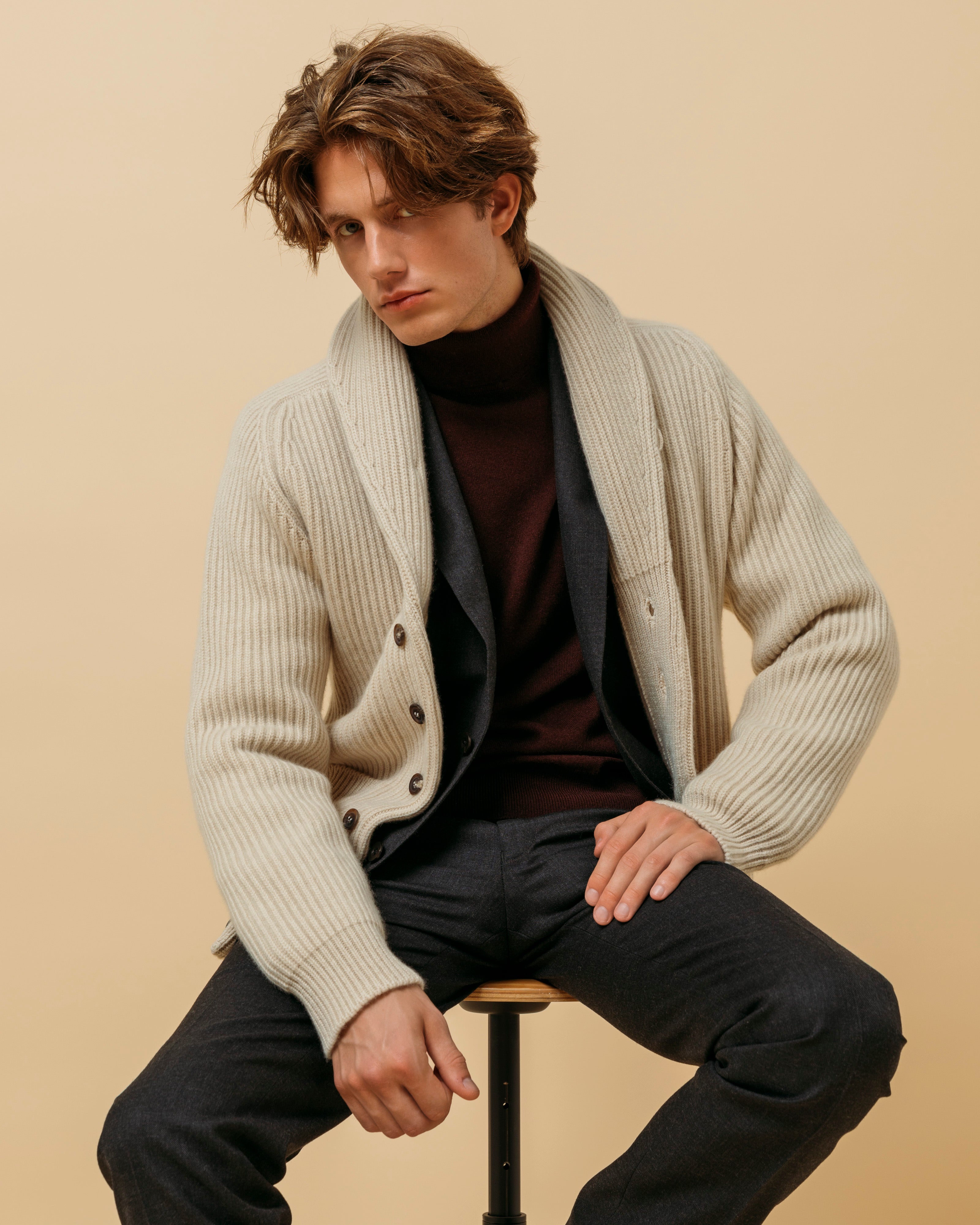 Cashmere shawl collar cardigan in ecru