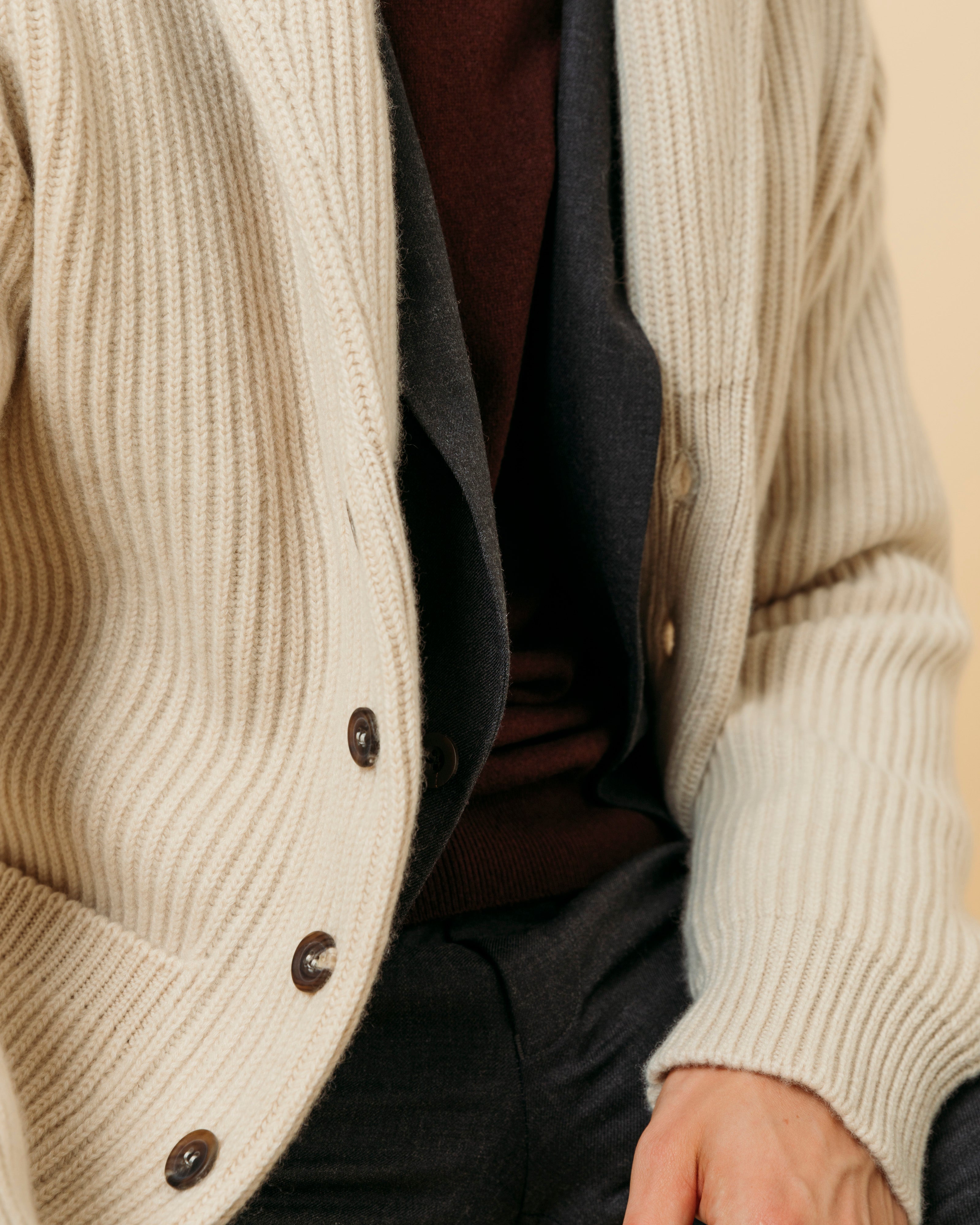 Cashmere shawl collar cardigan in ecru