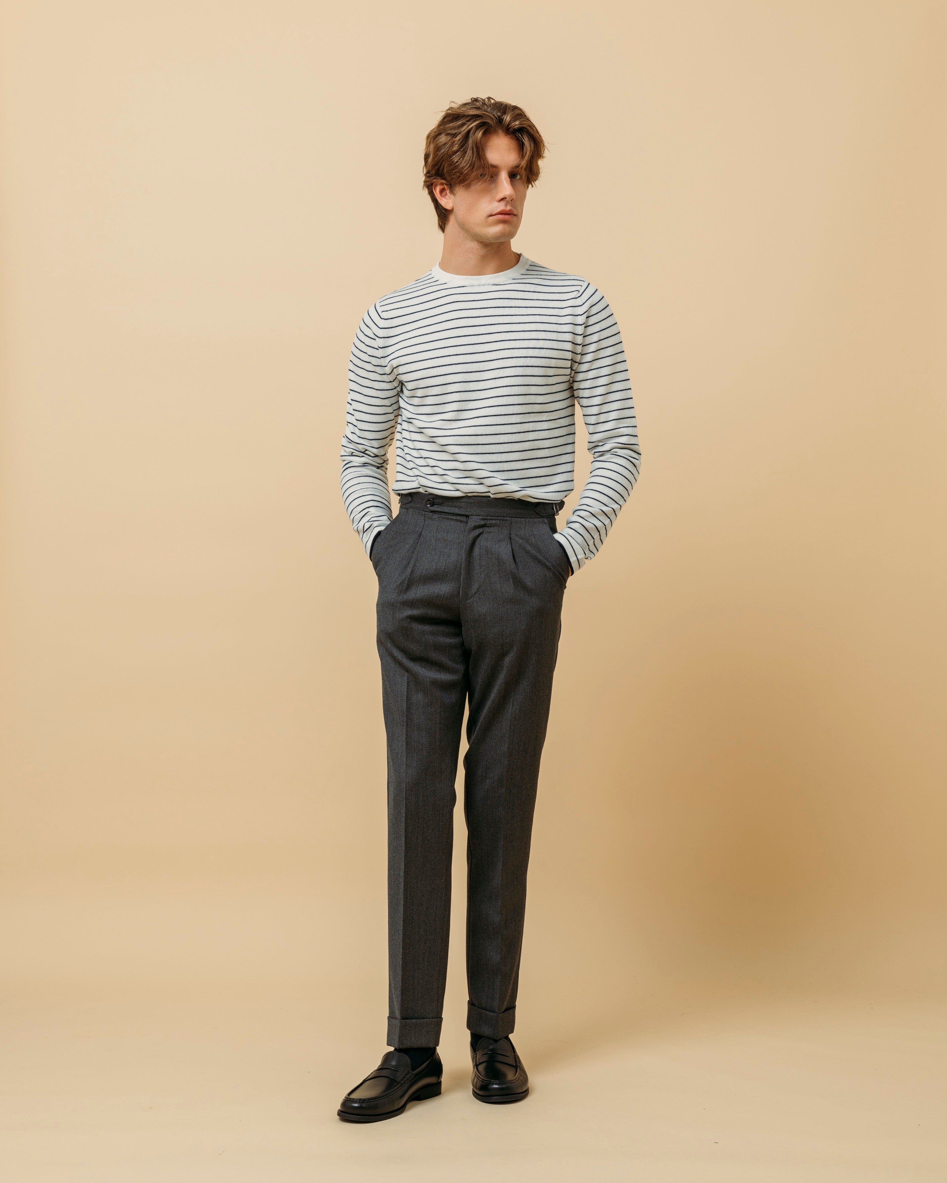 Cashmere cotton breton stripe sweater in ecru and navy