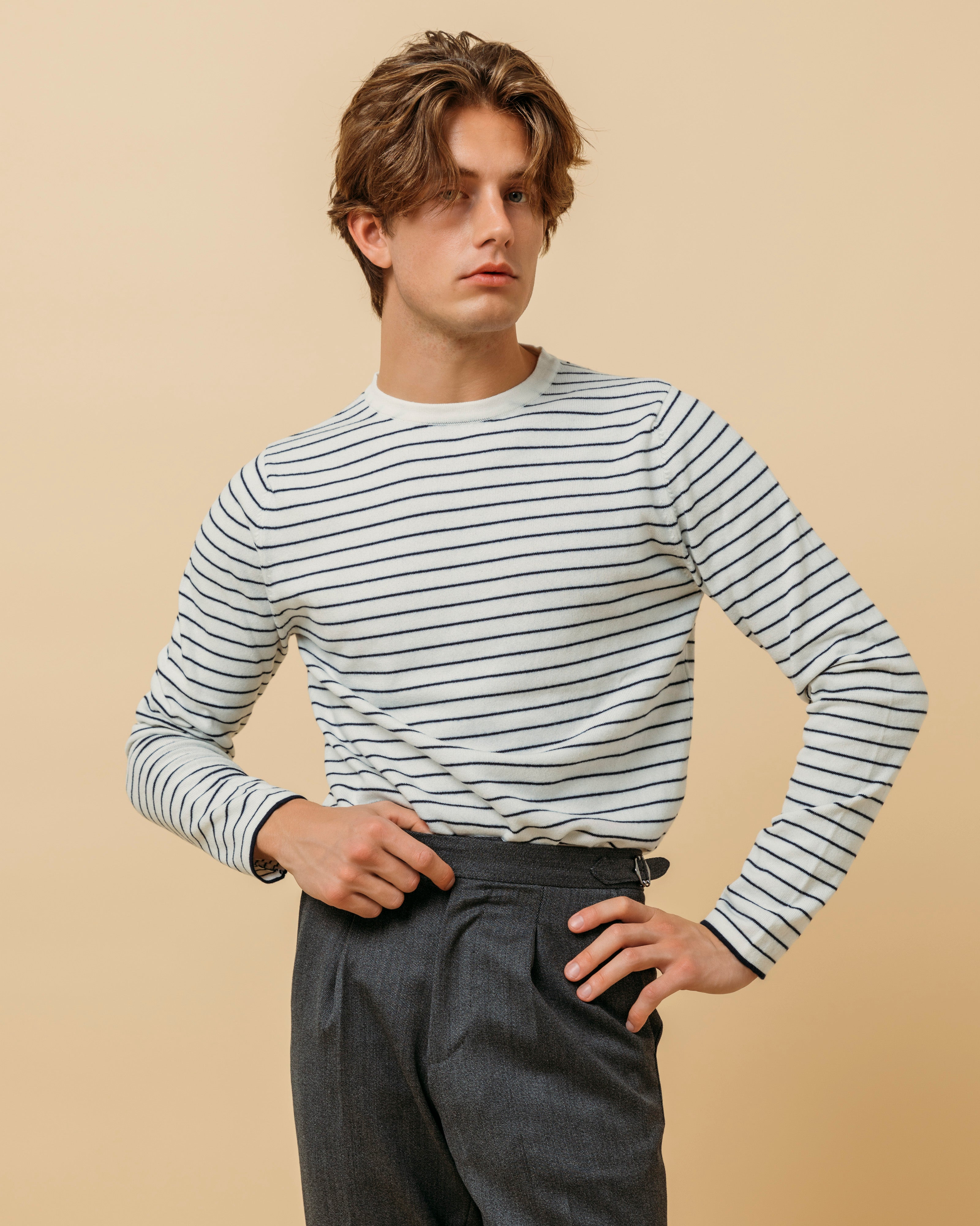 Cashmere cotton breton stripe sweater in ecru and navy