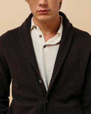 Cashmere painter's shawl collar cardigan in dark brown