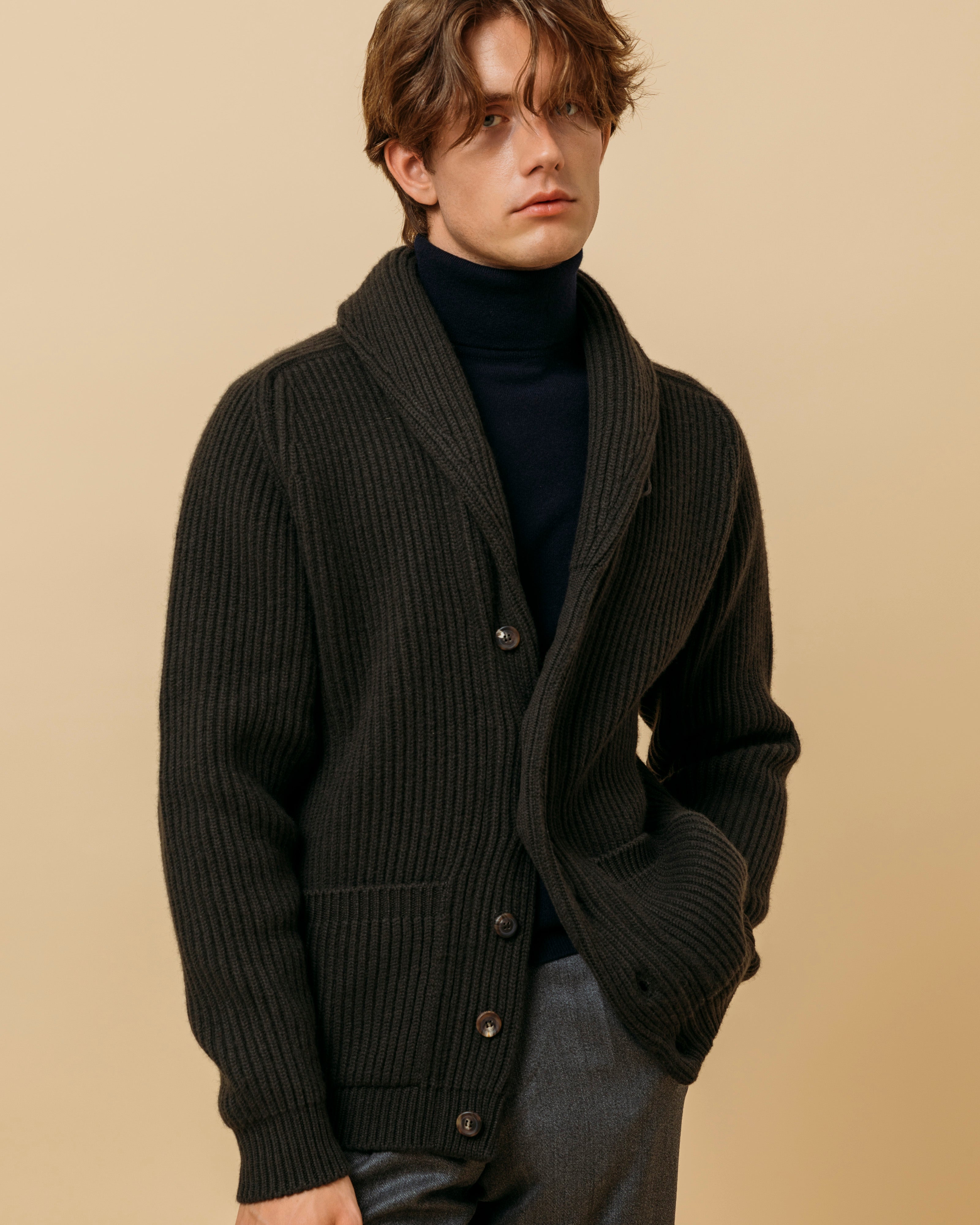 Cashmere shawl collar cardigan in dark olive