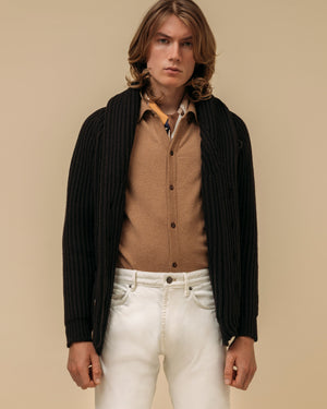 Superfine lambswool shawl collar cardigan in dark brown