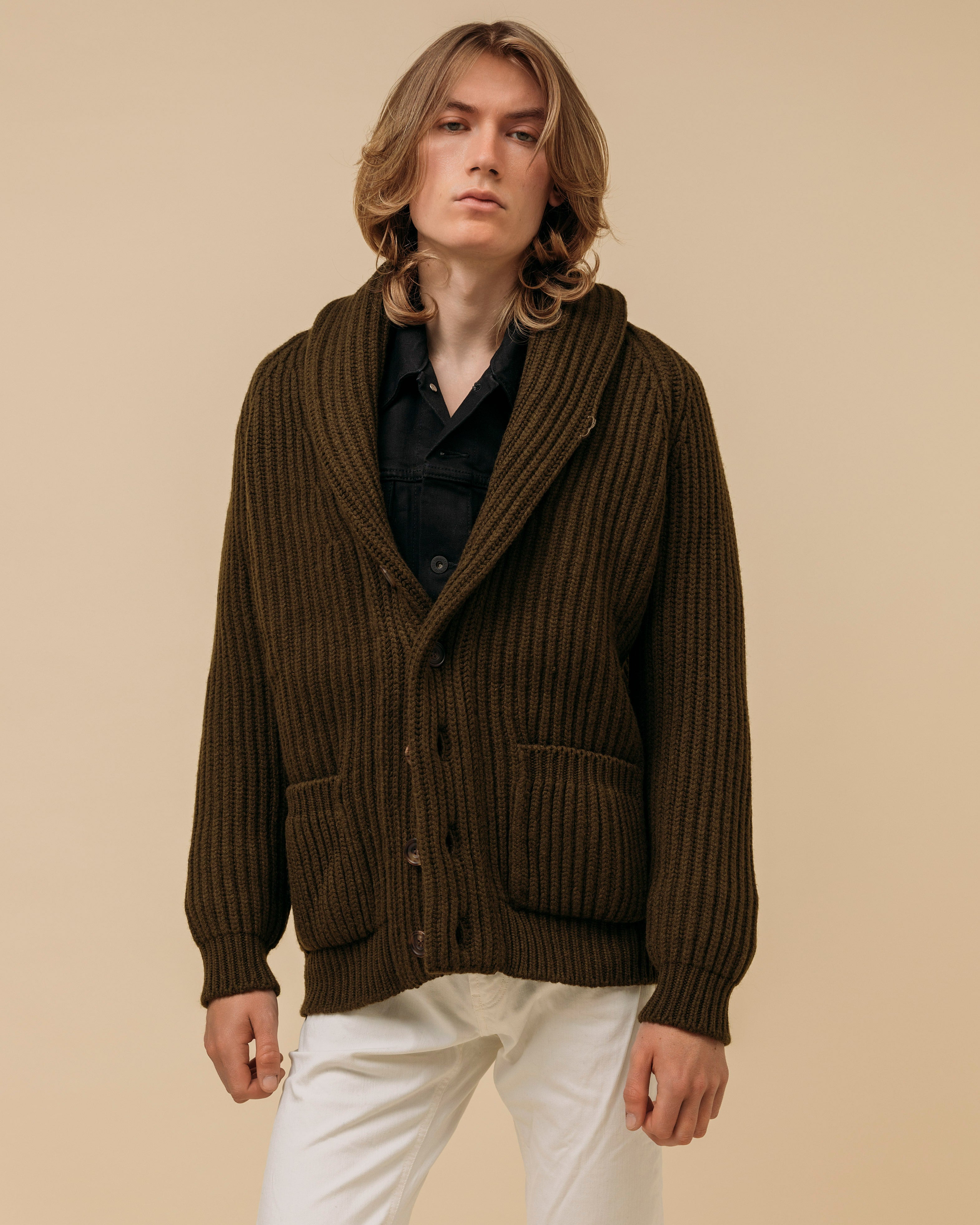 Superfine lambswool shawl collar cardigan in olive