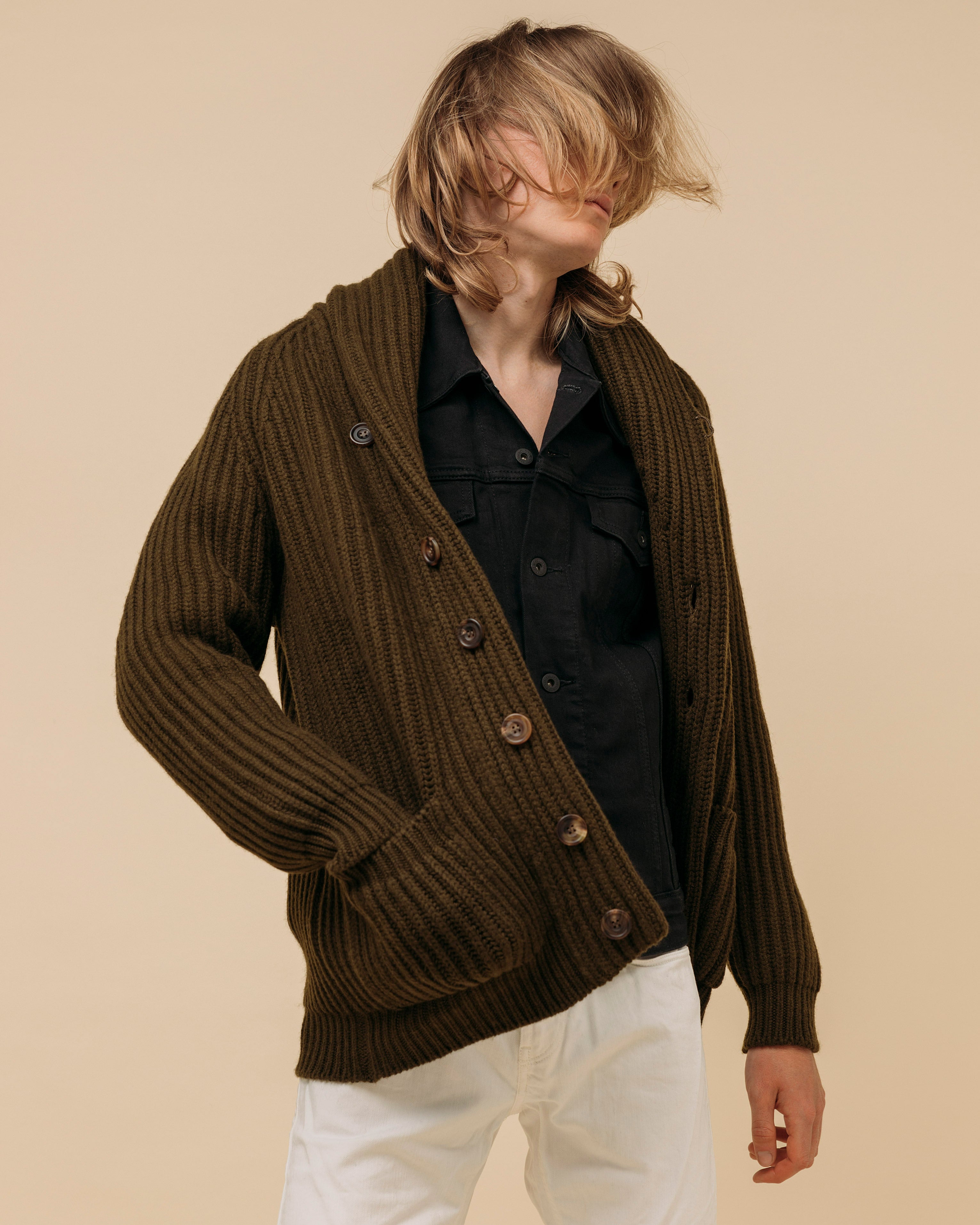 Superfine lambswool shawl collar cardigan in olive