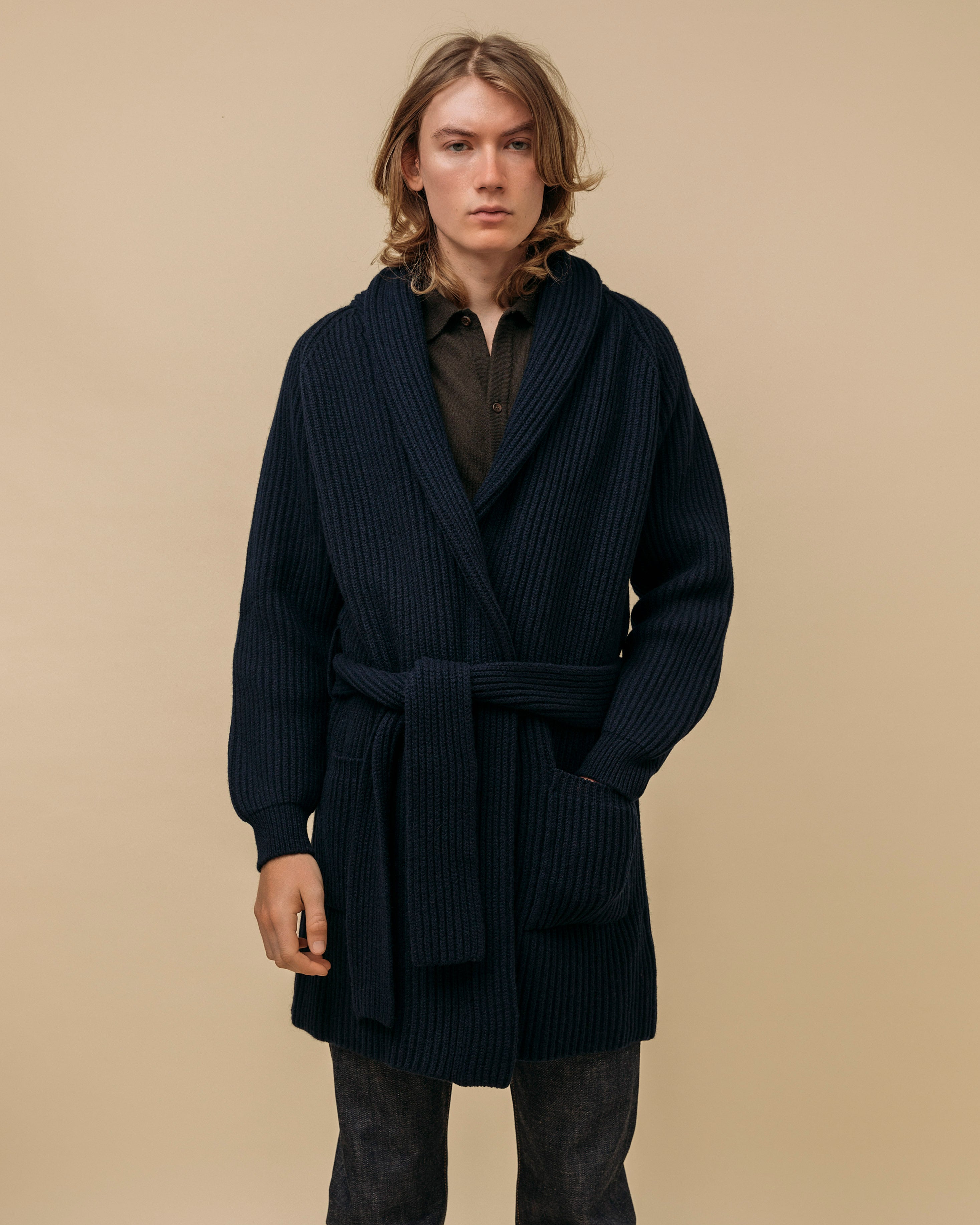 Superfine lambswool shawl coat in navy