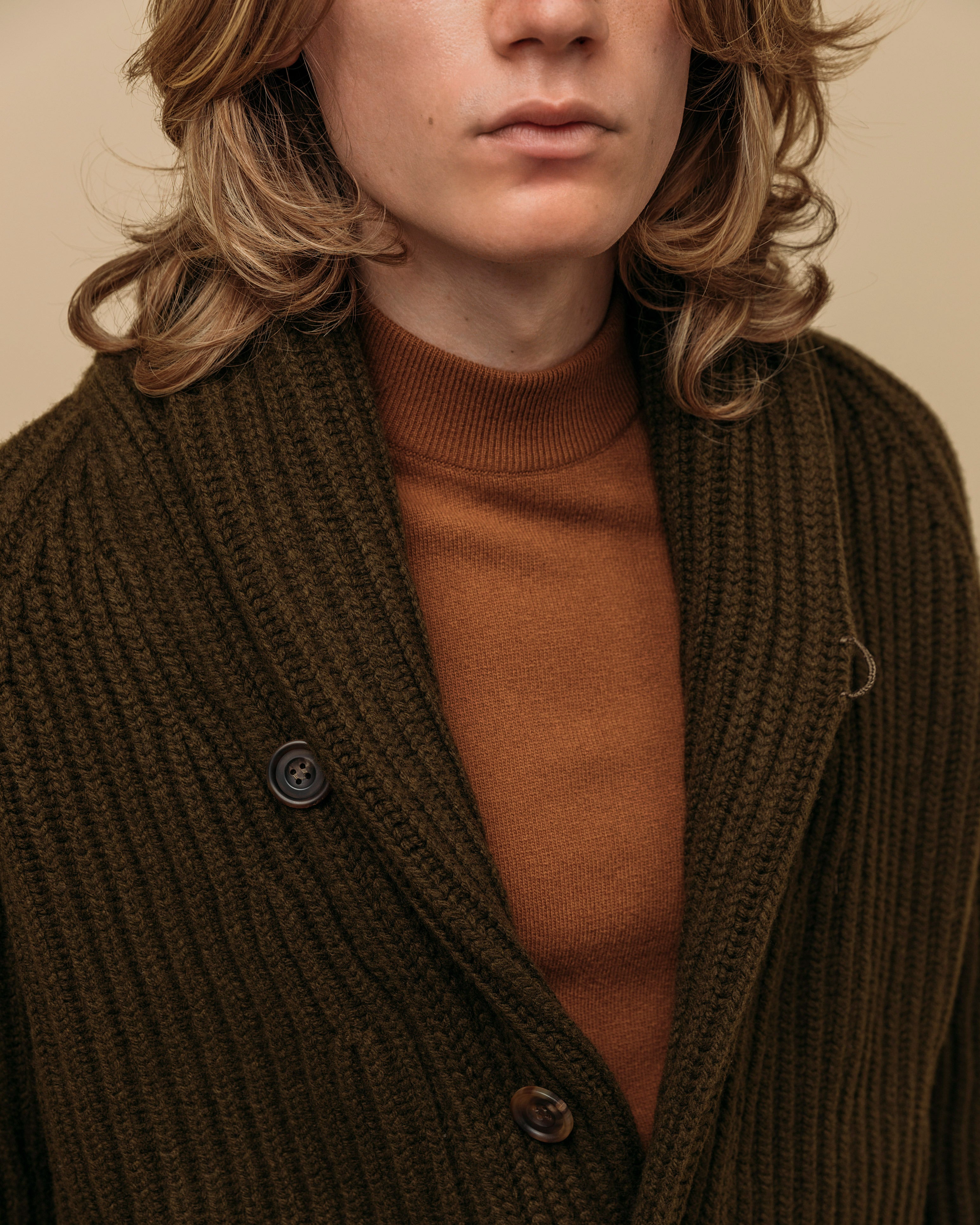 Superfine lambswool shawl collar cardigan in olive