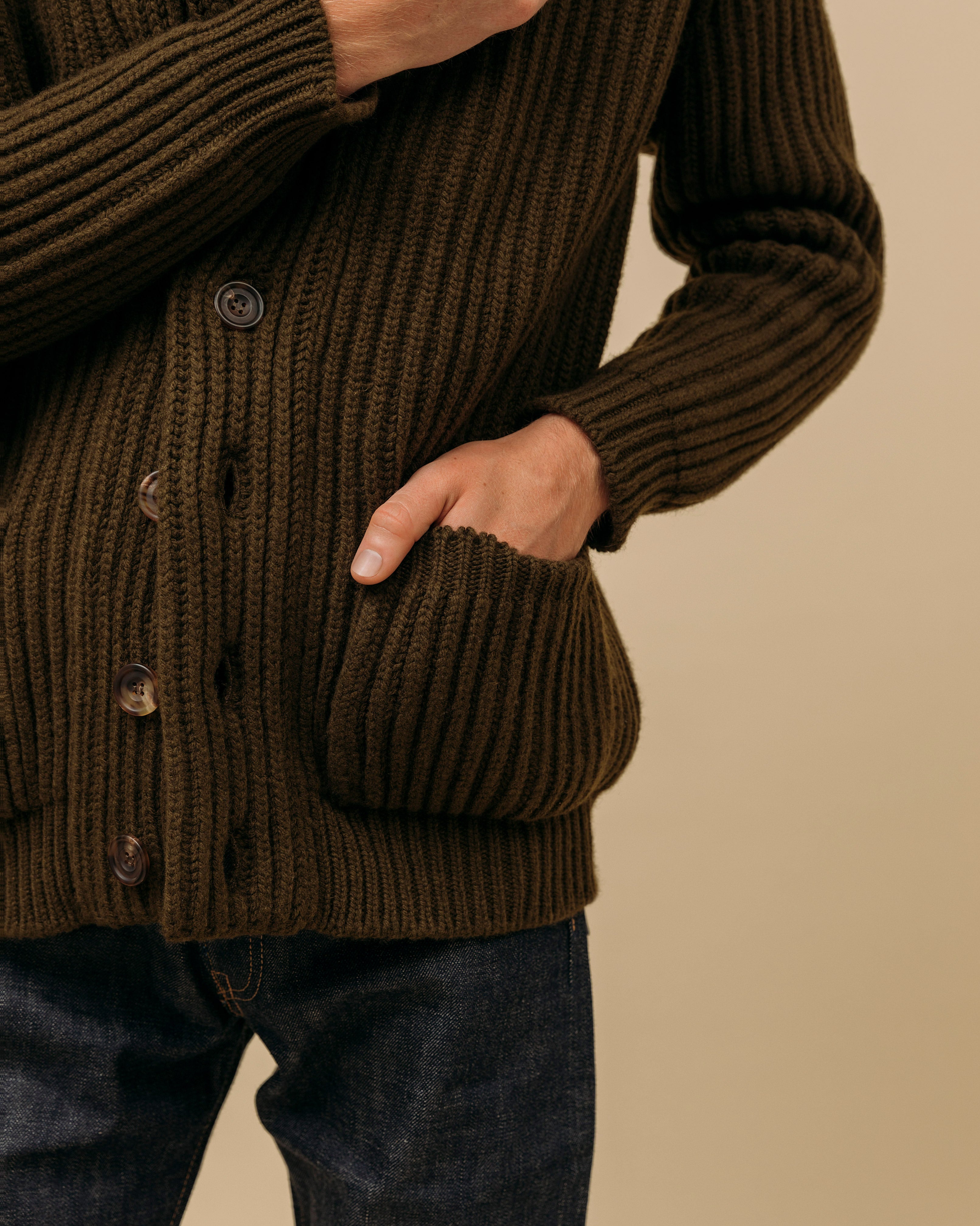 Superfine lambswool shawl collar cardigan in olive
